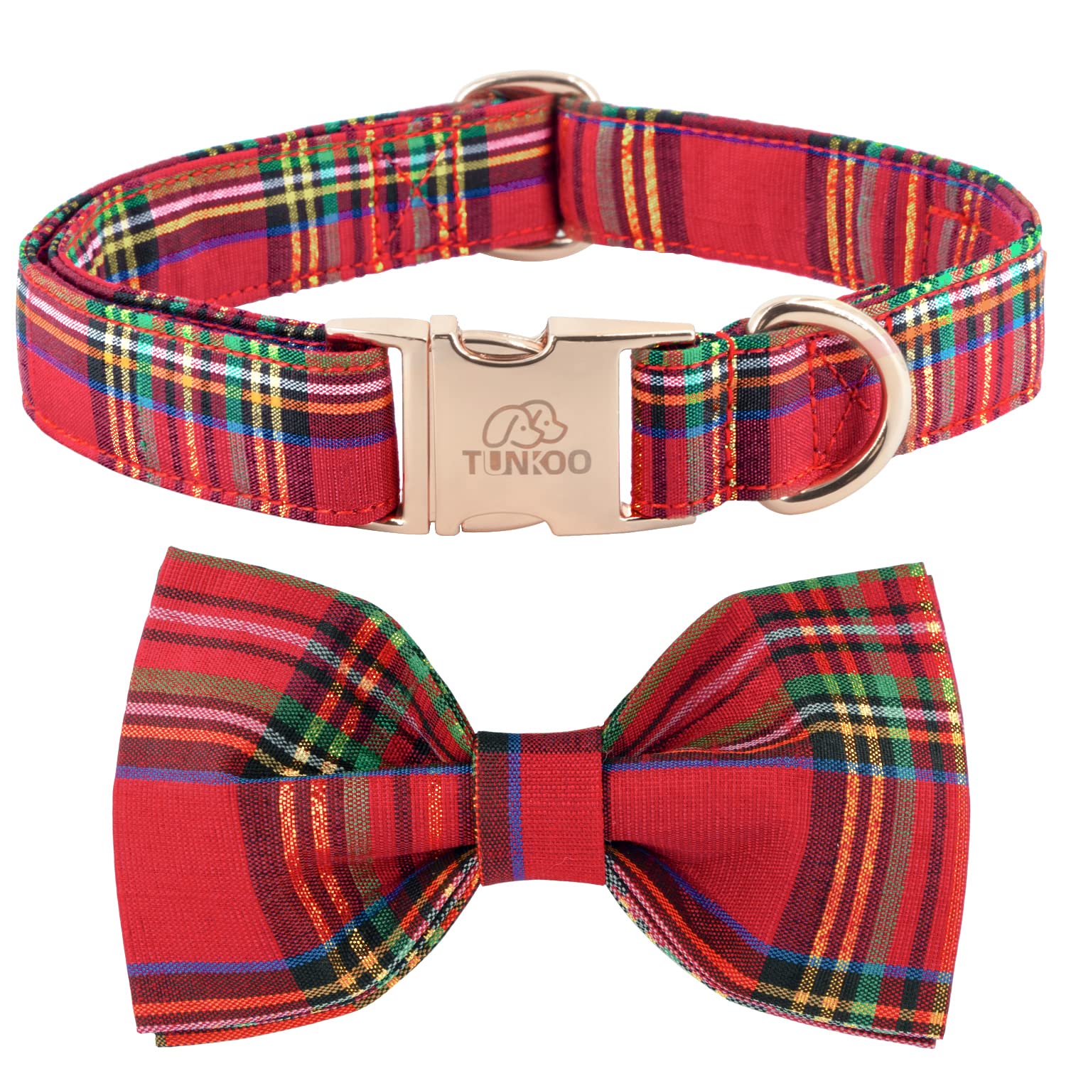 Tunkoo dog collar with Christmas plaid bow-tie in red, ideal for festive walks