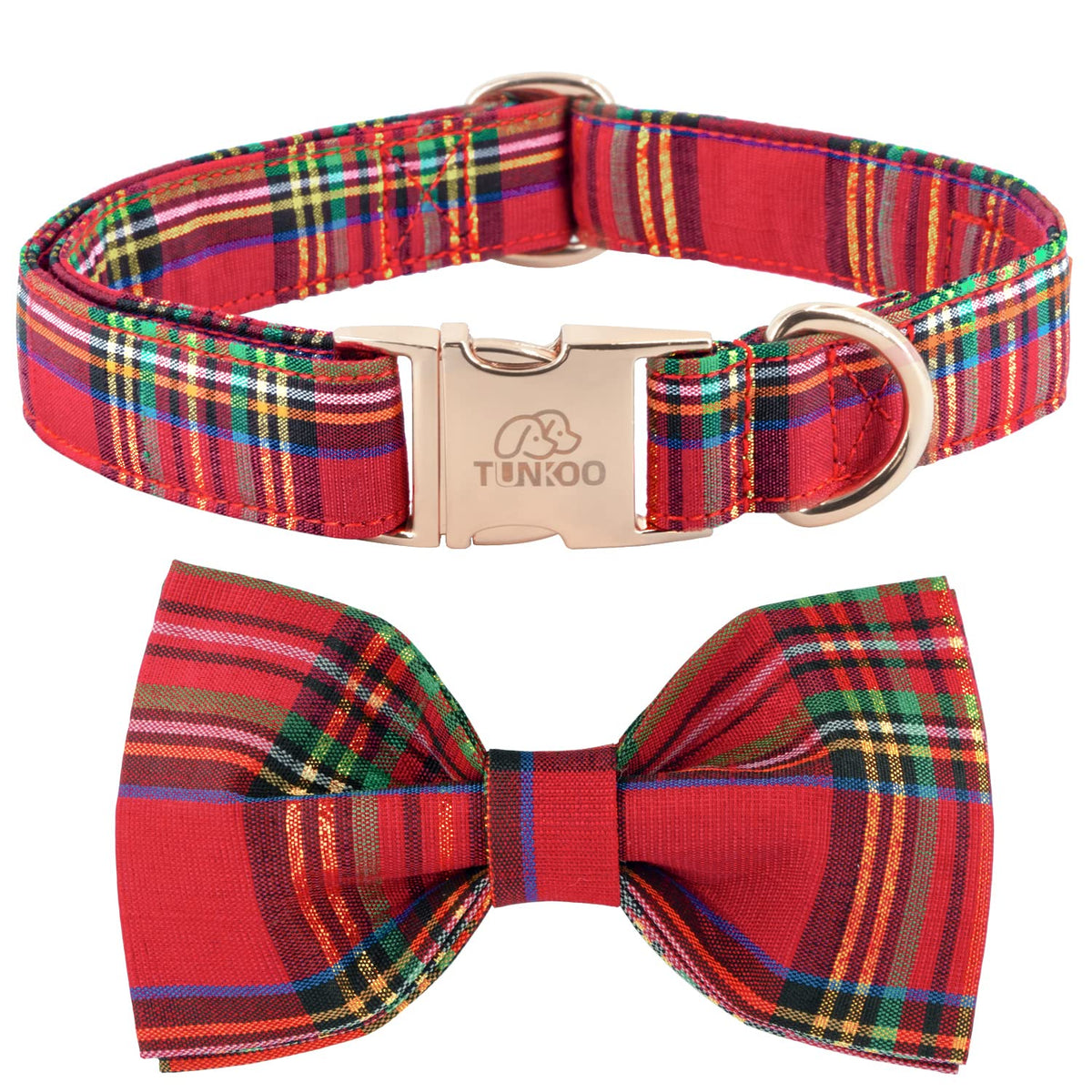 Tunkoo dog collar with Christmas plaid bow-tie in red, ideal for festive walks