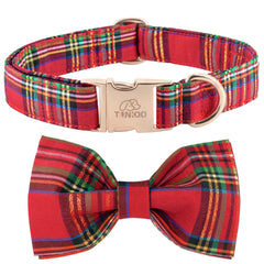 Tunkoo dog collar with Christmas plaid bow-tie in red, ideal for festive walks