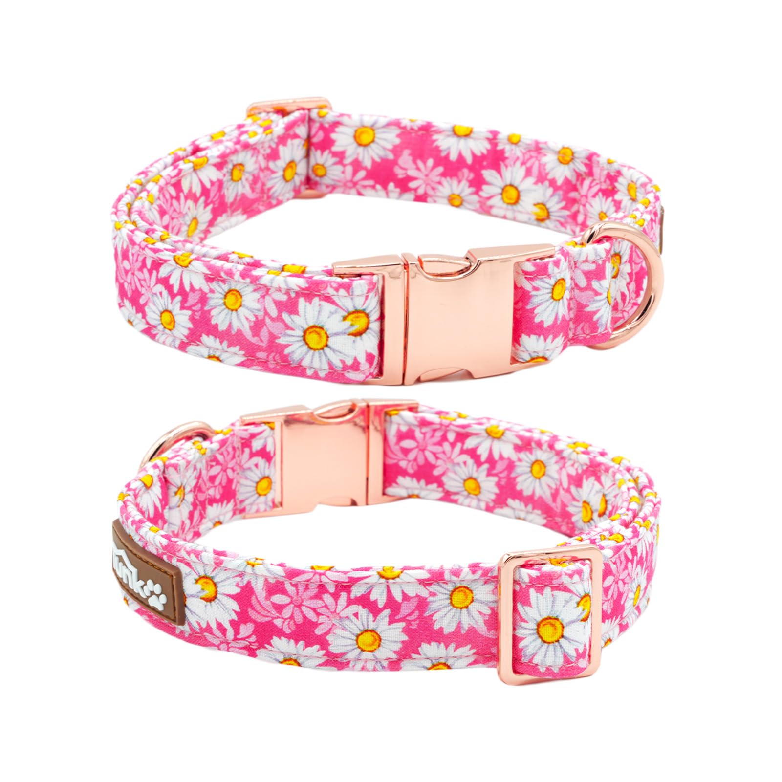 Tunkoo pink daisy collar on dog during outdoor walk shows secure fit.