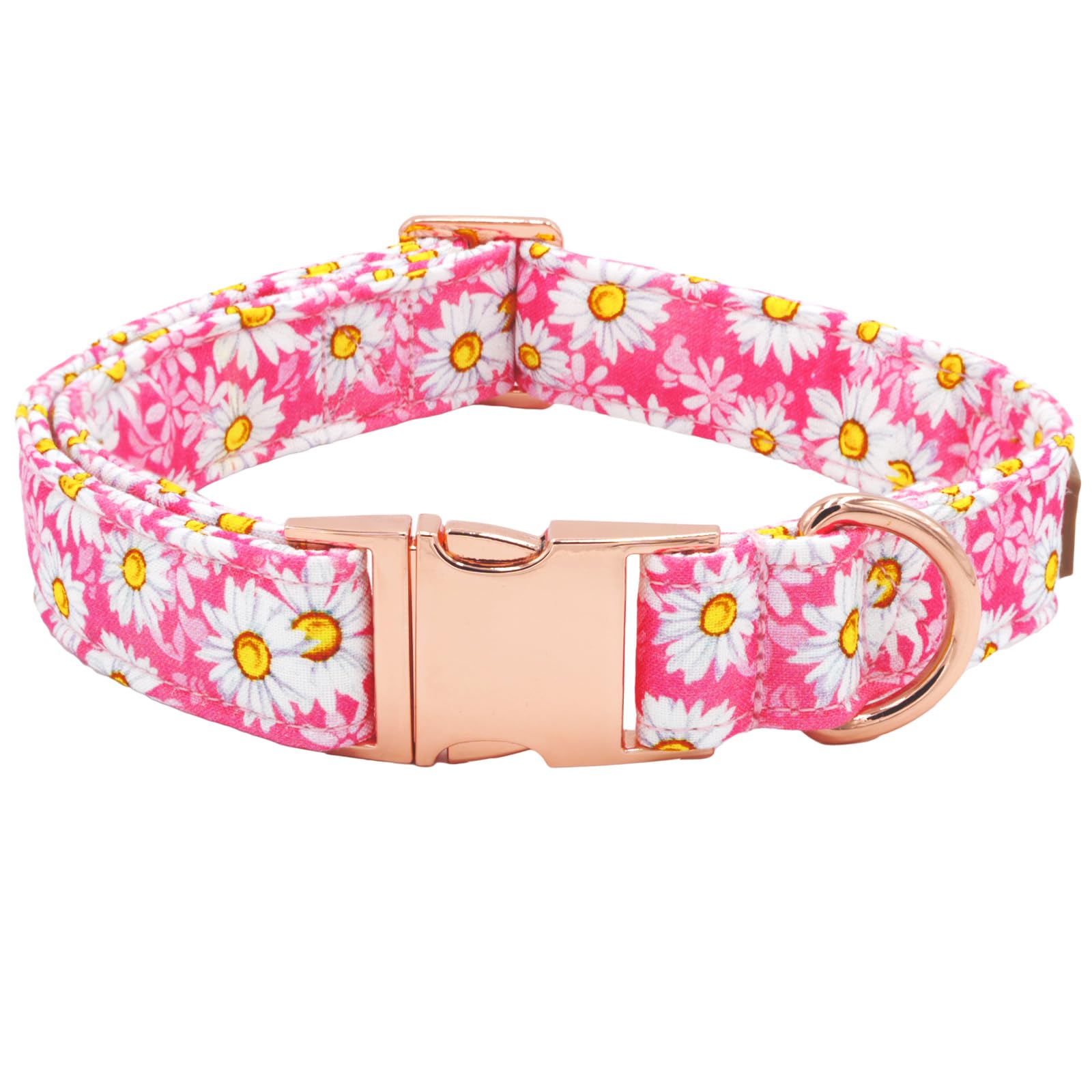 Tunkoo pink daisy collar buckle closeup with rose gold hardware for chic daily wear.