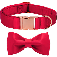 Tunkoo red silk dog collar with bow and rose-gold buckle for festive style.