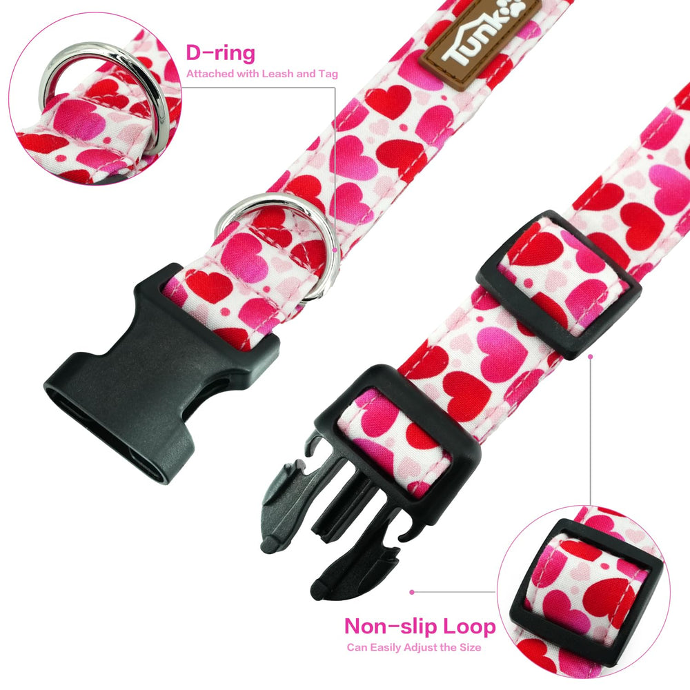 Tunkoo valentines day collar size guide demonstrates adjustable fits for small to large dogs