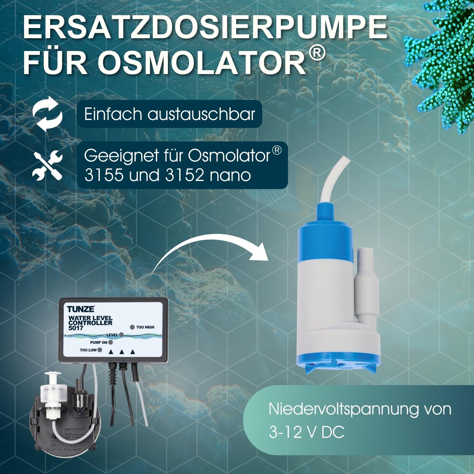Tunze replacement metering pump osmolator side view highlights low-voltage operation