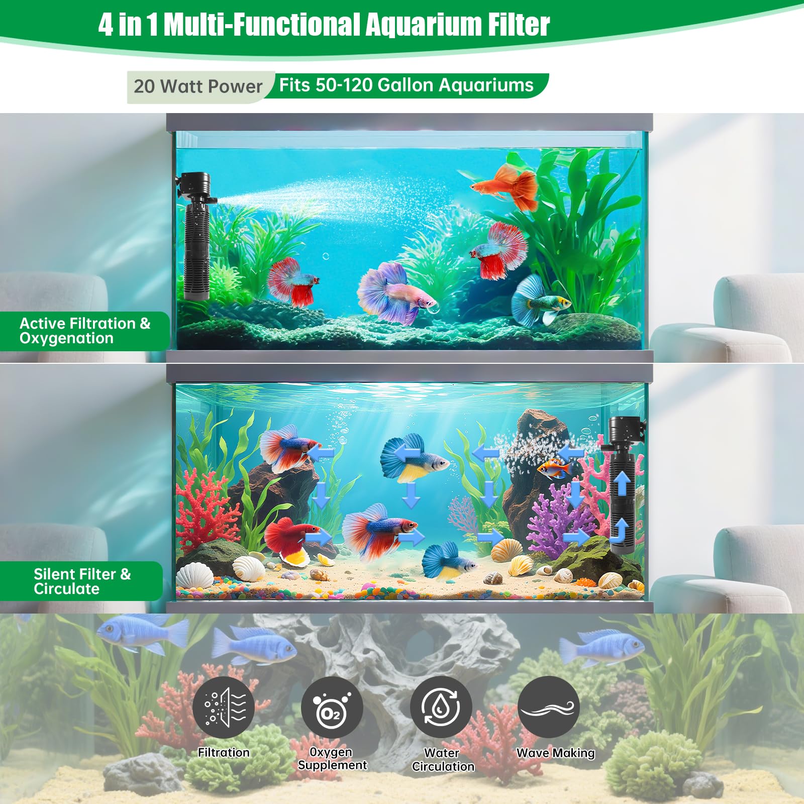 Tuodaxin 20W filter sponges included illustrate reusable filtration reducing costs.
