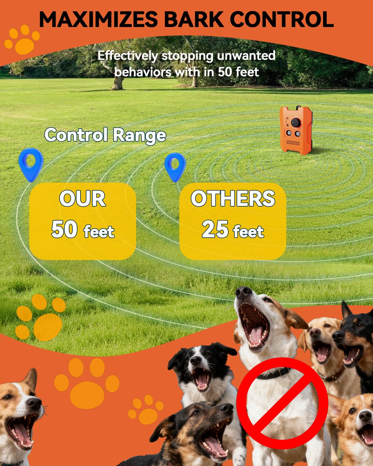 Tuqila bark control range visual showing 50ft precision
