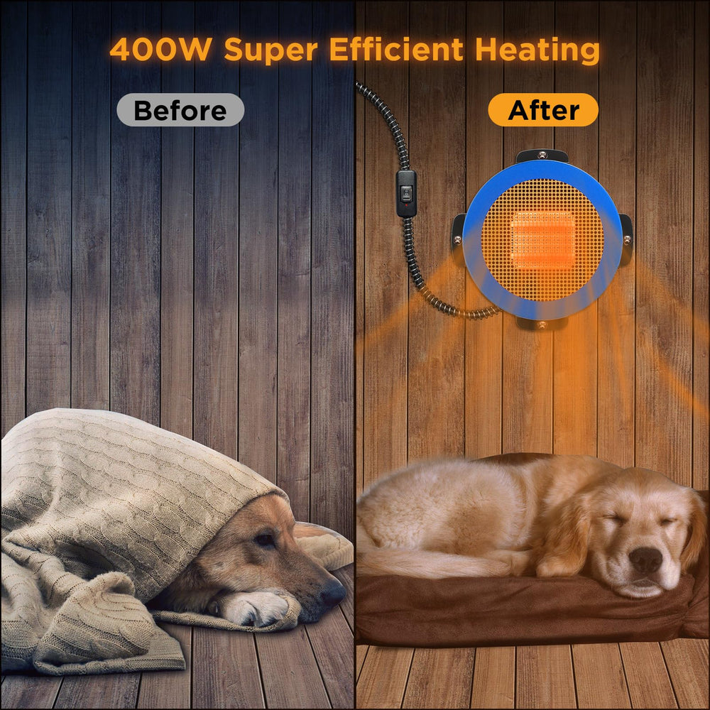 TURBRO Neighborhood dog house heater close-up shows 400W label and metal housing for durability.