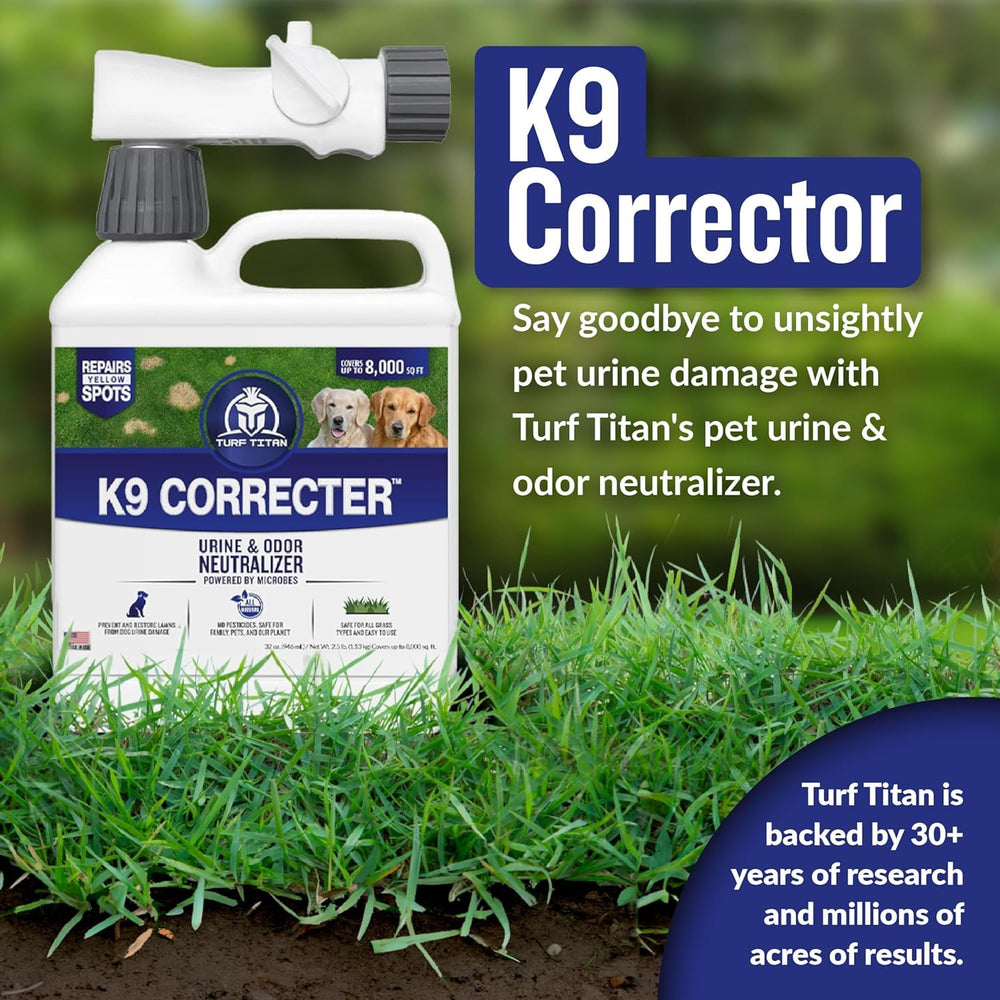 Turf Titan K9 Correcter dog urine-stain remedy brightens turf without harsh chemicals.