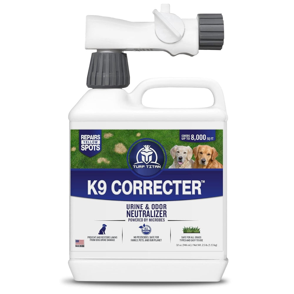 Turf Titan K9 Correcter hose-end application demonstrates easy lawn spray for pet-safe care.