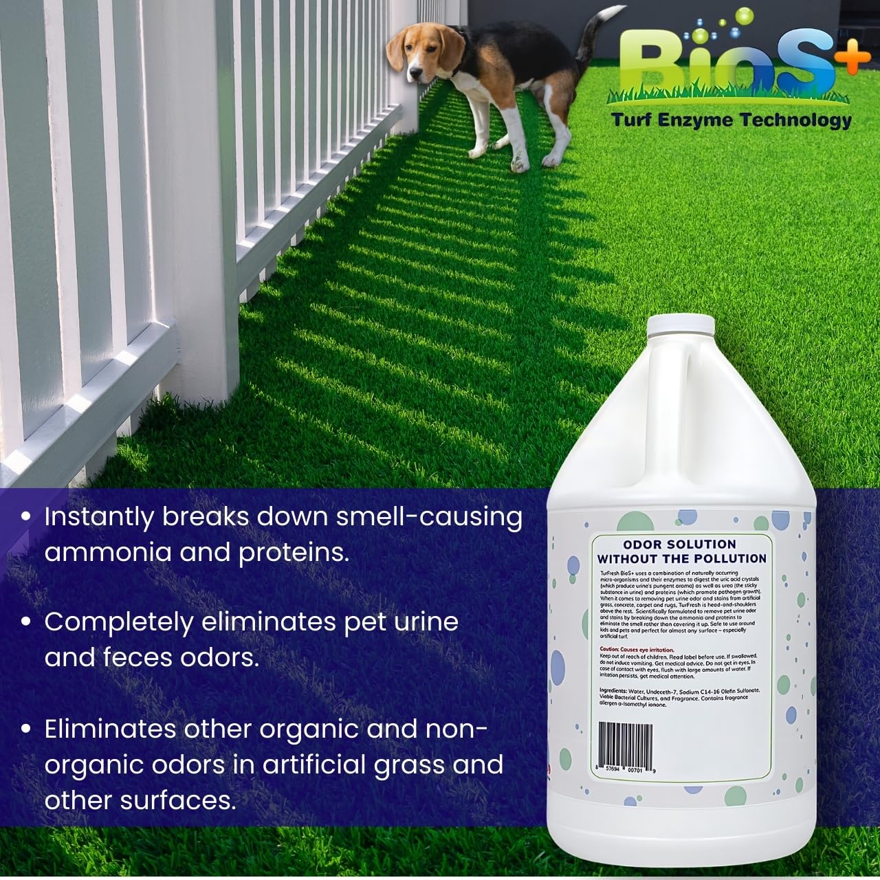 TurFresh BioS+ kennel scene showing safe, non-toxic outdoor deodorizing.