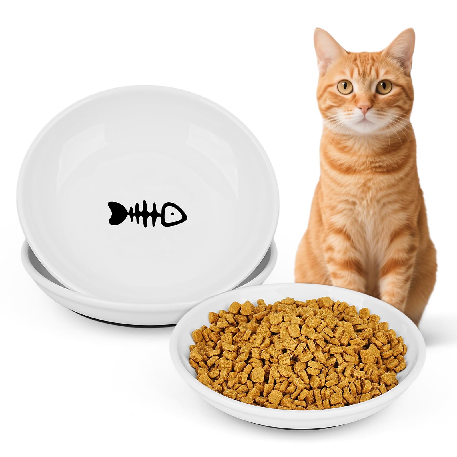 Turfson ceramic cat bowls two-pack whisker-friendly shallow design for comfy meals.