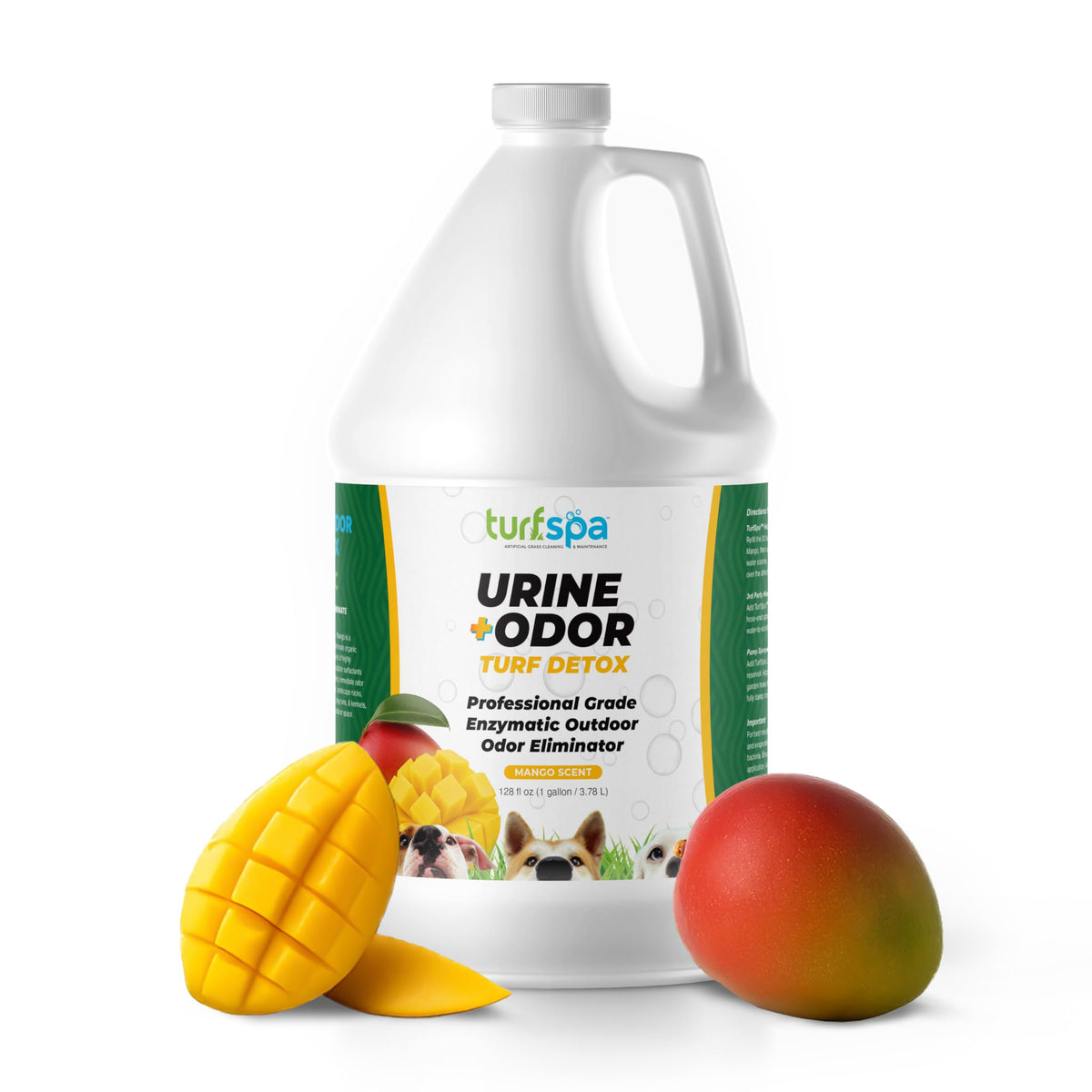 TurfSpa Mango Detox bottle pour demonstrates enzyme cleaner for odor elimination