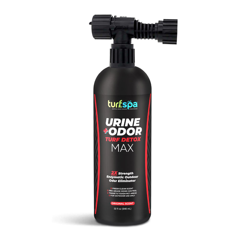 TurfSpa MAX urine odor detox sprayer demonstrates double-strength cleaning for outdoor turf.