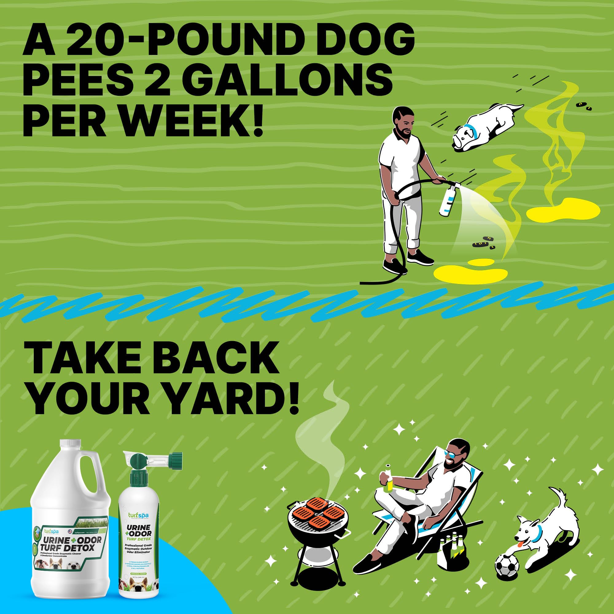 TurfSpa Urine Detox concrete-patio-kennels image illustrates safe use around kids and pets.