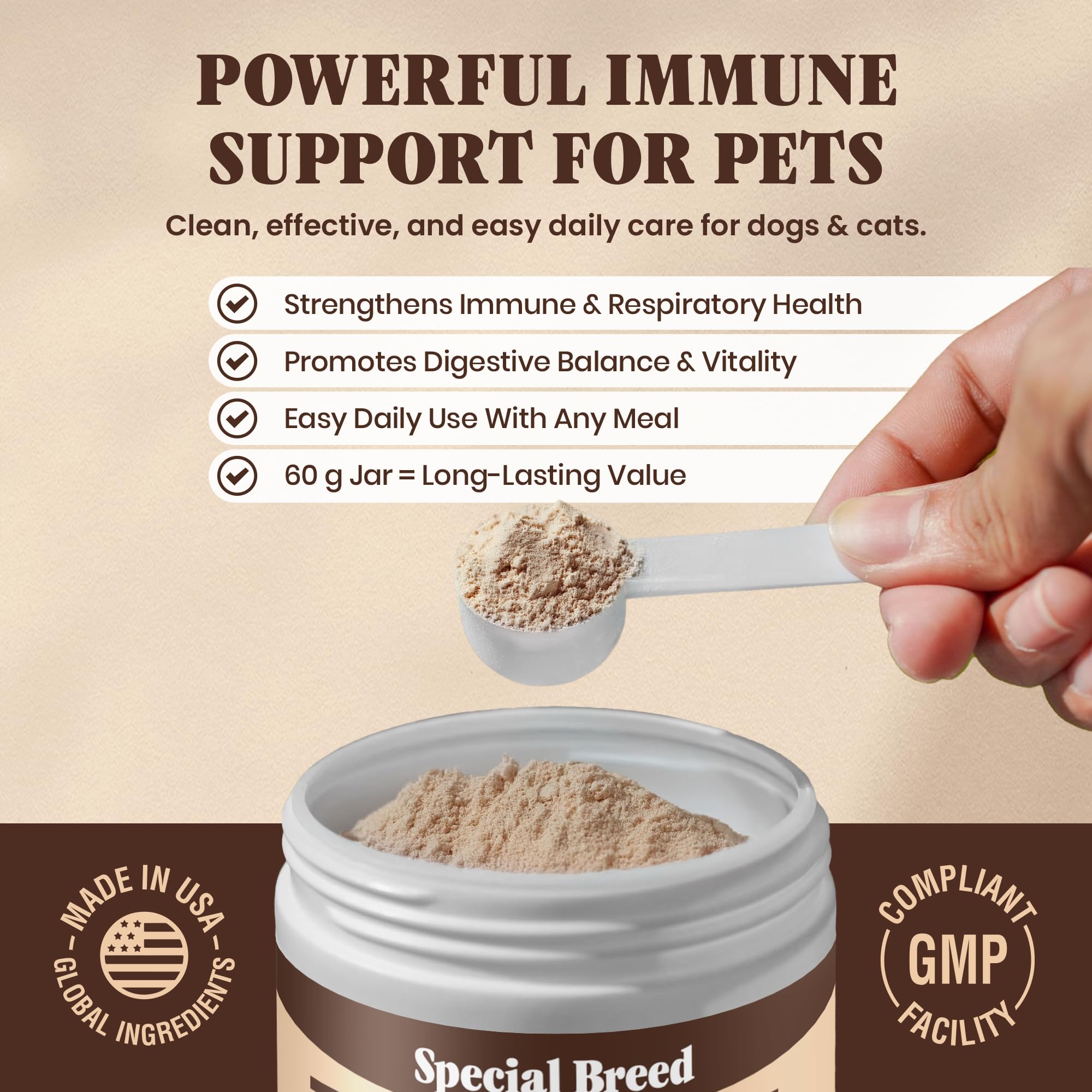Special Breed turkey tail powder whisked into pet food during mealtime.