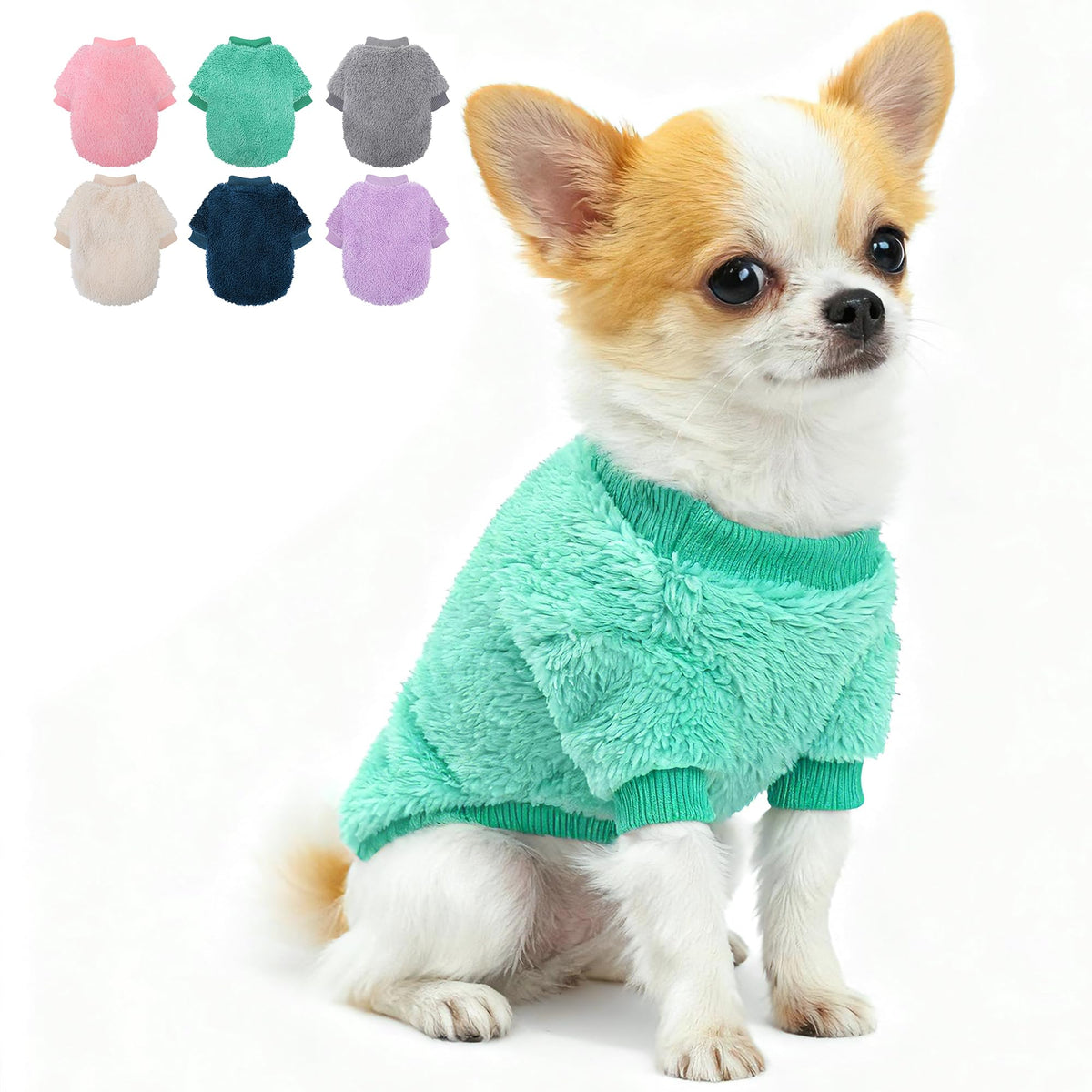 Teacup dog sweater turquoise close-up showing soft fleece warmth for small dogs