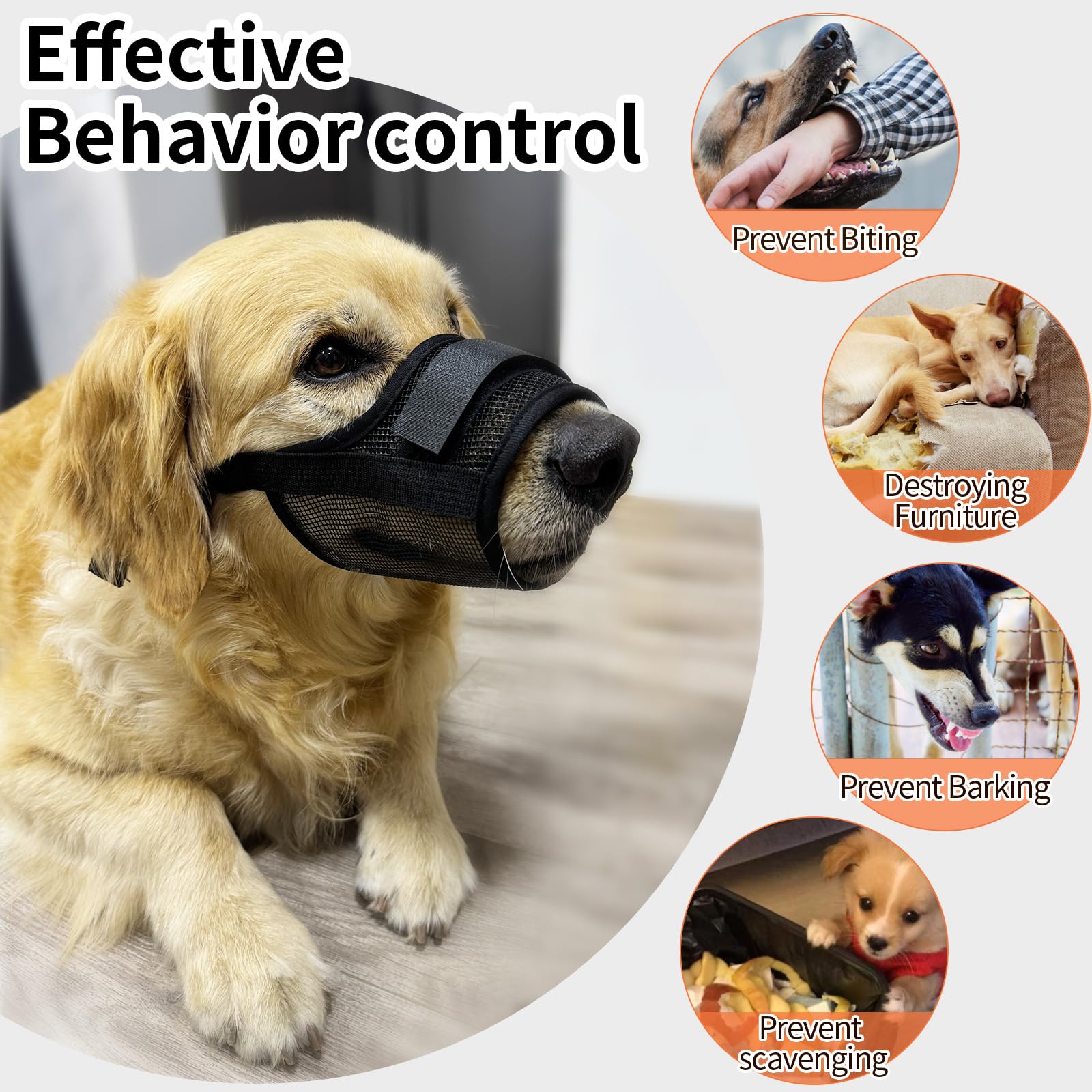Tutuyao dog muzzle five-sizes chart shows secure fit across breeds.