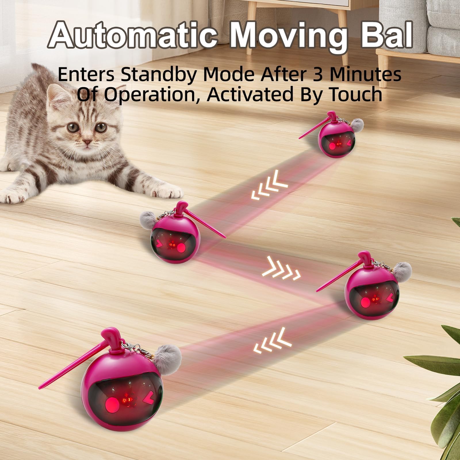 TVM interactive cat toy rose-red ball on hard floor tracks paw movements