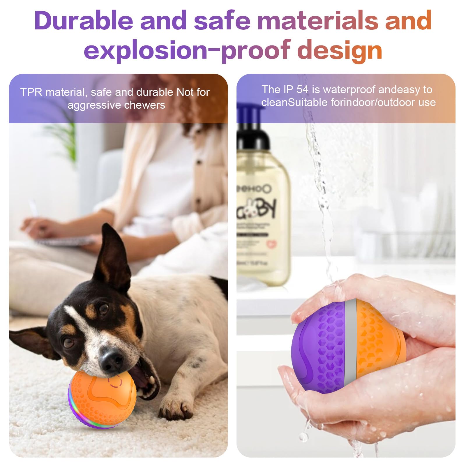 TVM Interactive Dog Ball bite-resistant shell close-up emphasizes durability.