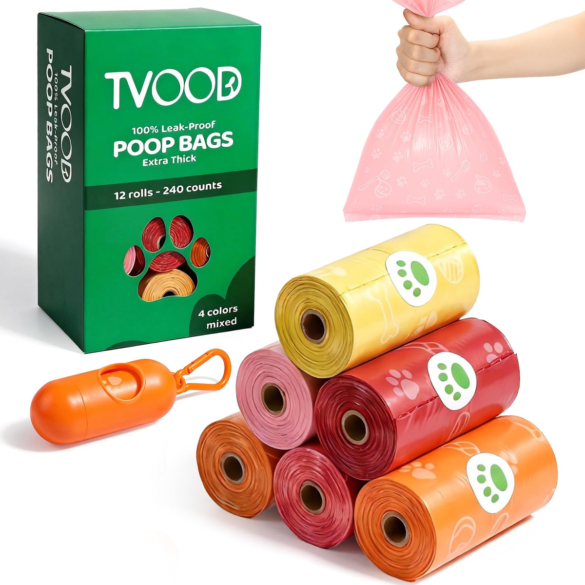 TVOOD dog poop bags roll with dispenser for quick, hygienic pickups on walks.