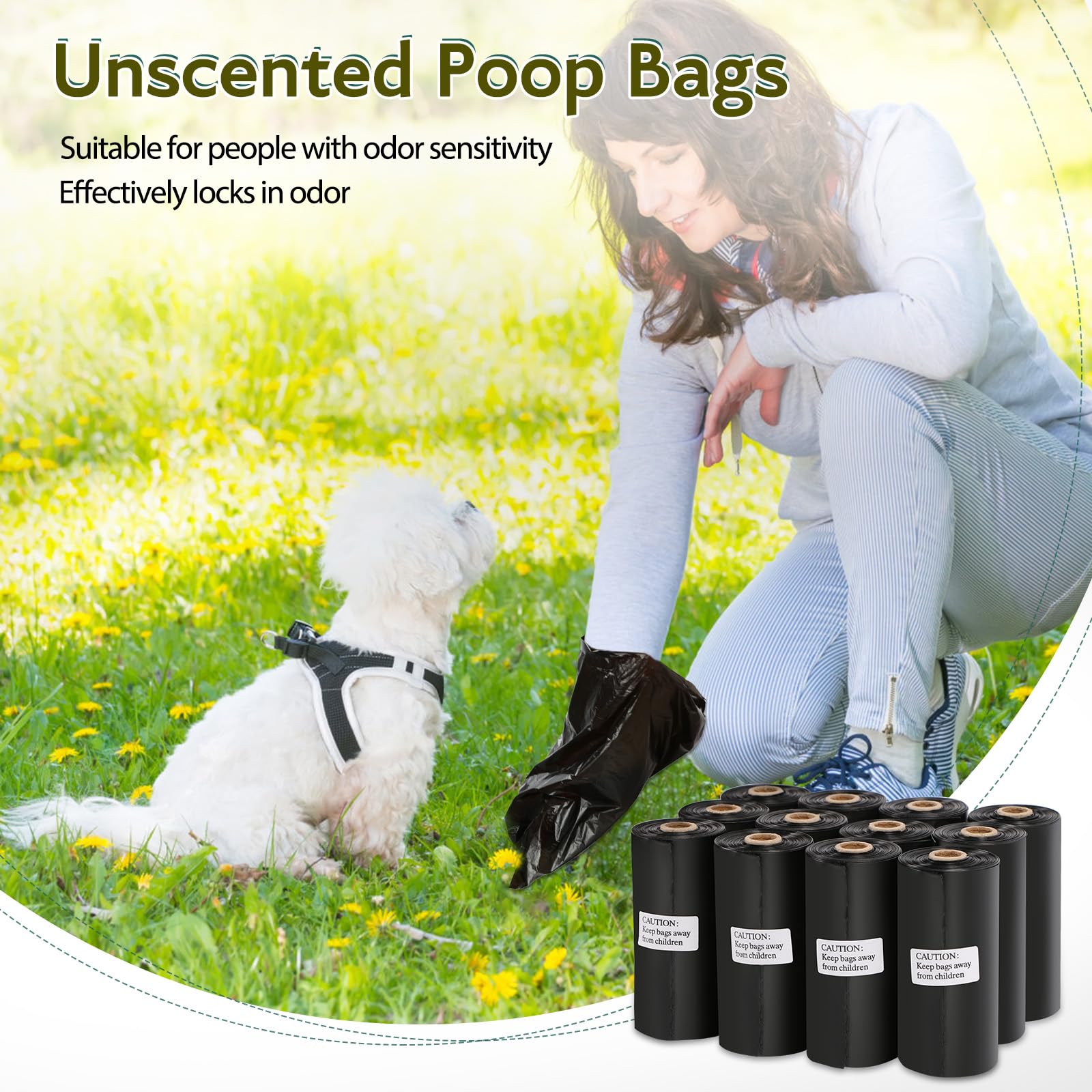 TVOOD poop bags perforated roll shown for quick tear during adventures.
