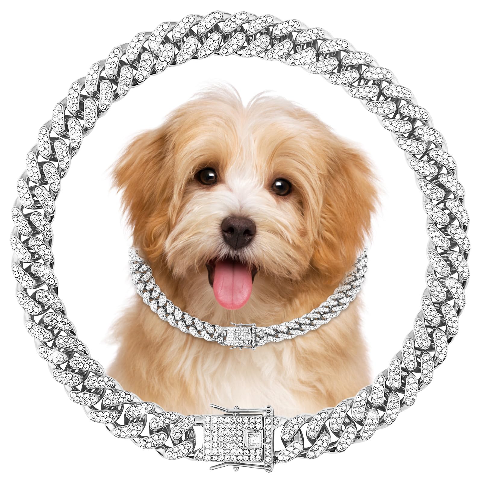TVTOO 10-inch silver Cuban link collar front view for small dogs' secure, stylish wear.