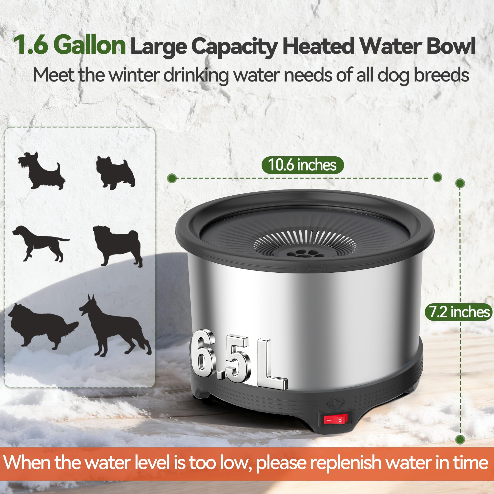 Twinsing 6.5L heated water bowl side profile showing anti chew cord