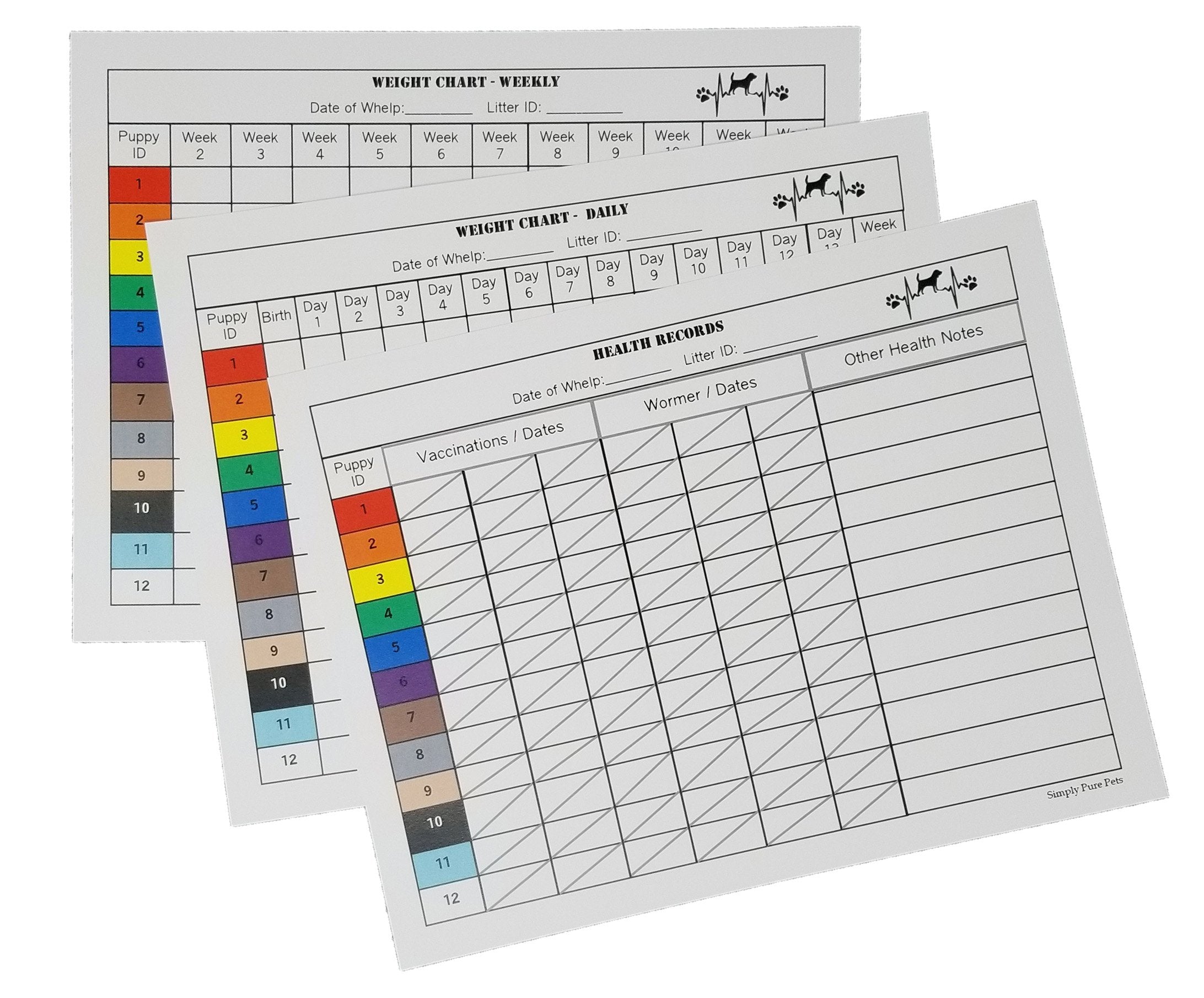 Two Arrows health records chart captures important health entries for each puppy.