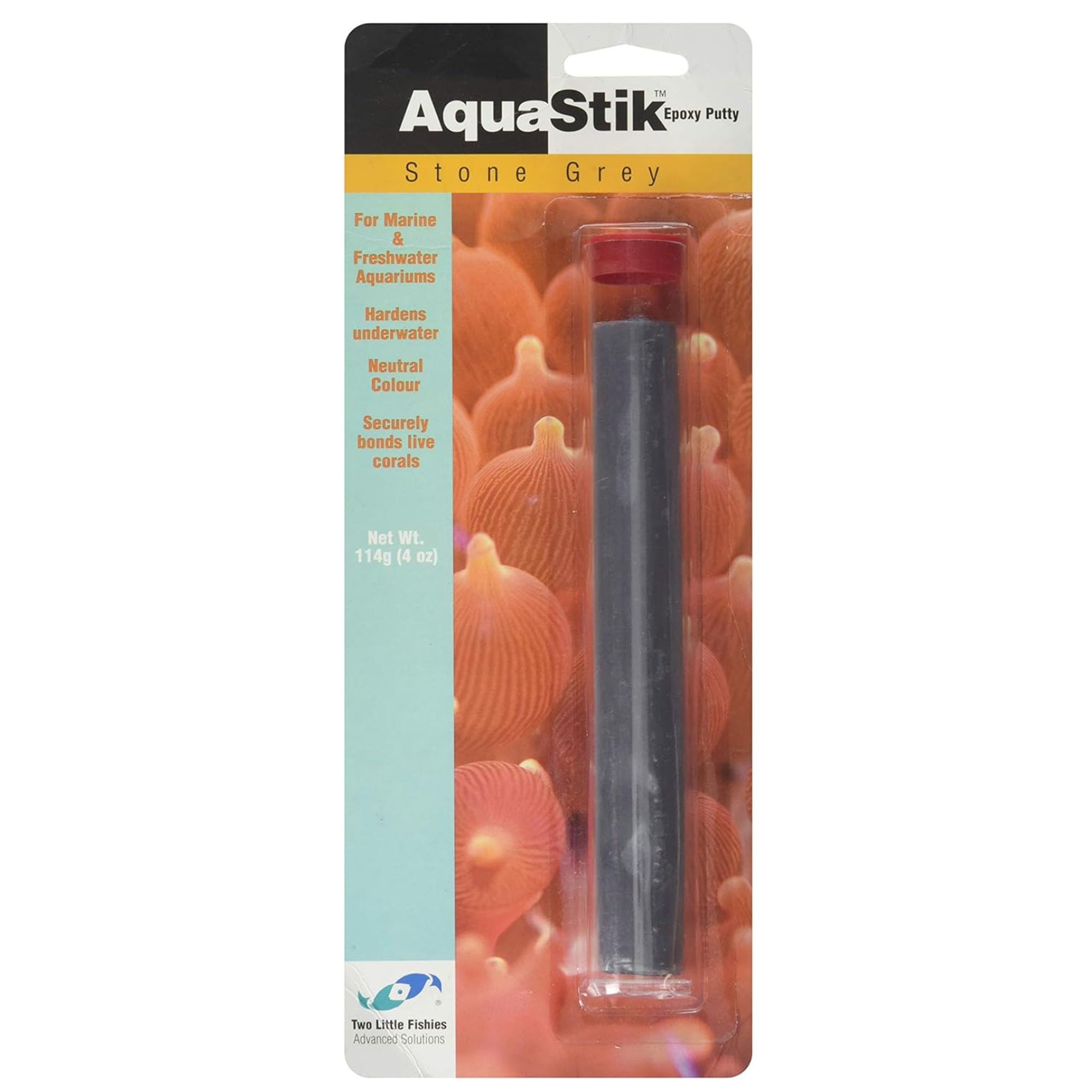 Two Little Fishies ATLAS3B Aquastik grey packaging demonstrates easy underwater repair putty.