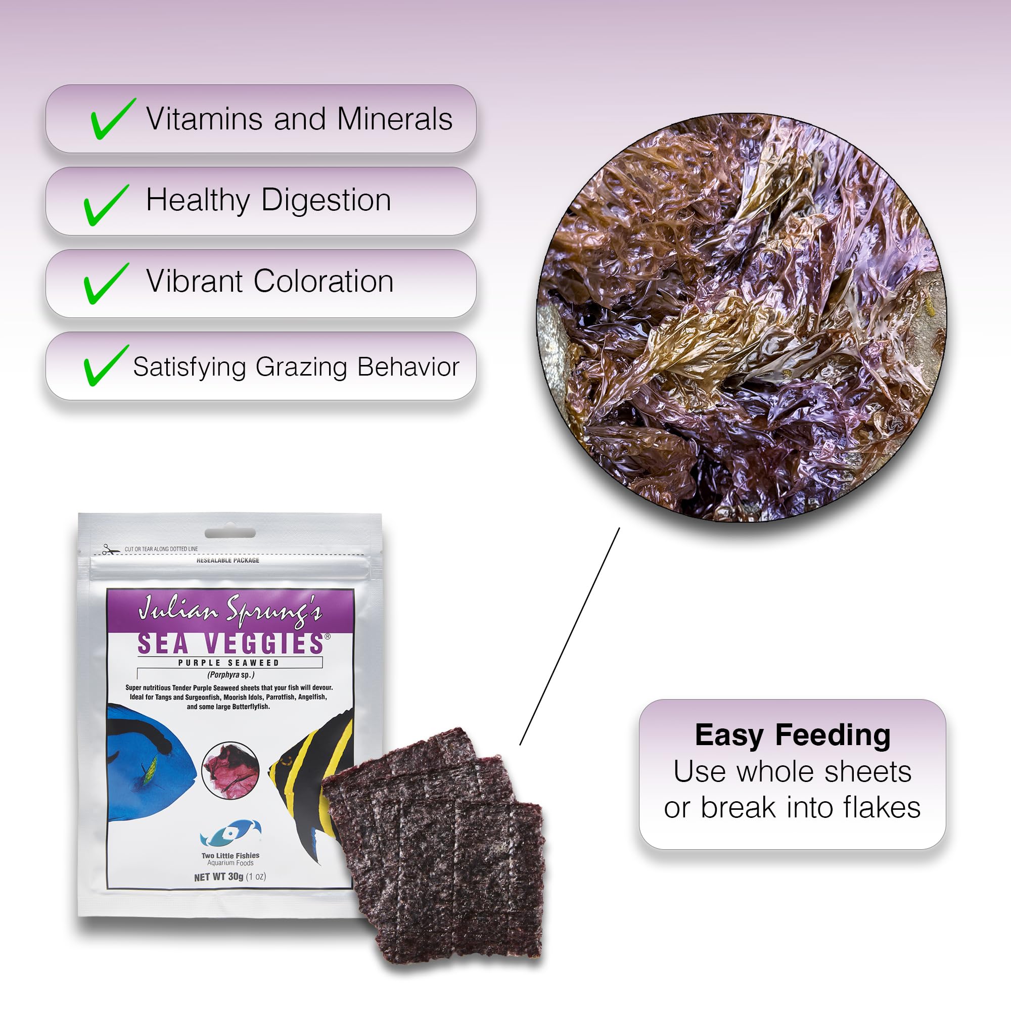 Two Little Fishies Sea Veg-Purple Seaweed packaging closeup emphasizes convenient 1-ounce pouch.