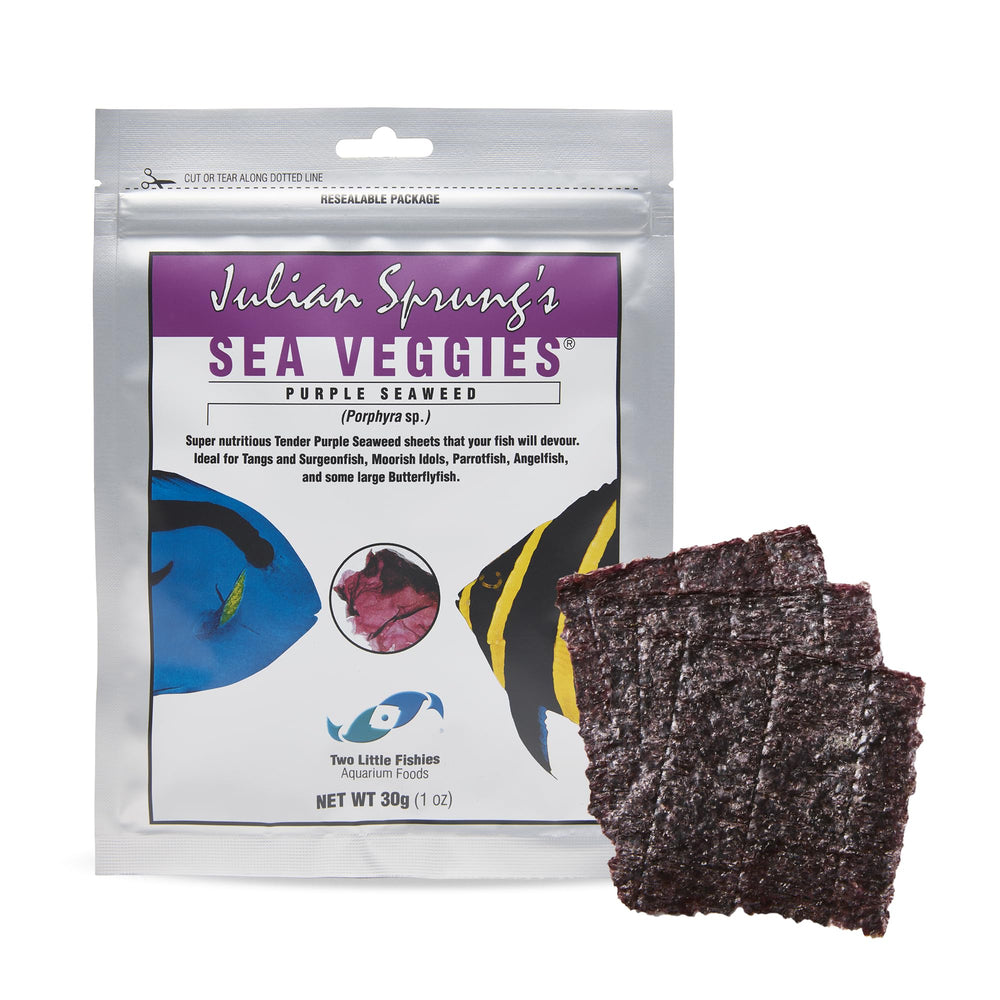 Two Little Fishies Sea Veg-Purple Seaweed pouch highlighting herbivorous fish nutrition.