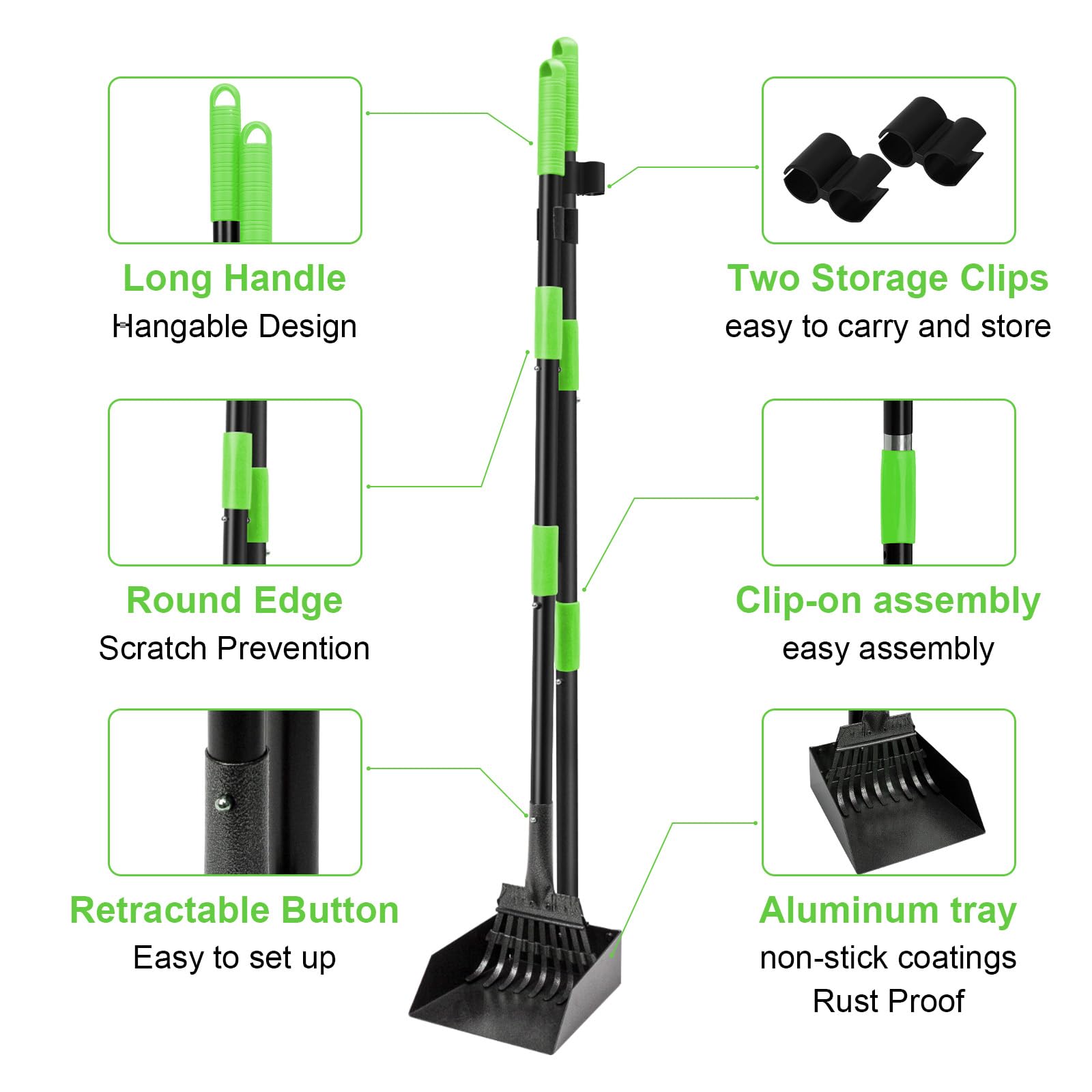 Twocorn pooper scooper rake with adjustable design aiding reach