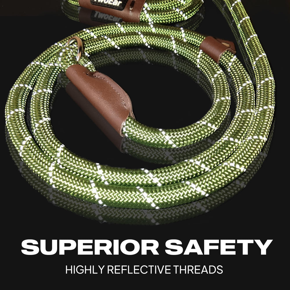 TwoEar Slip Lead green reflective threads boost nighttime visibility during walks.