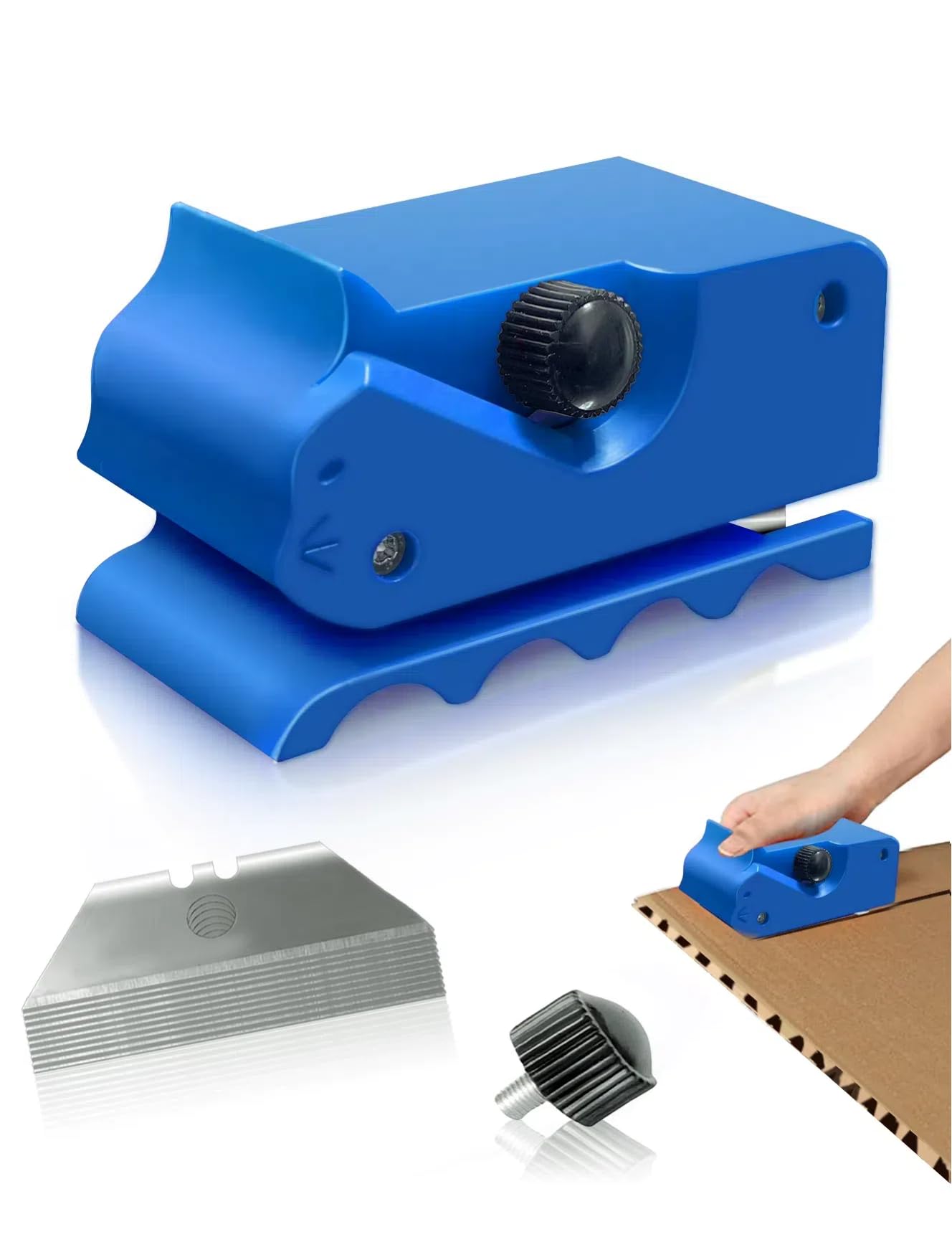 TWWidgon cardboard cutter blue front view showing compact ergonomic design for easy cardboard strips.