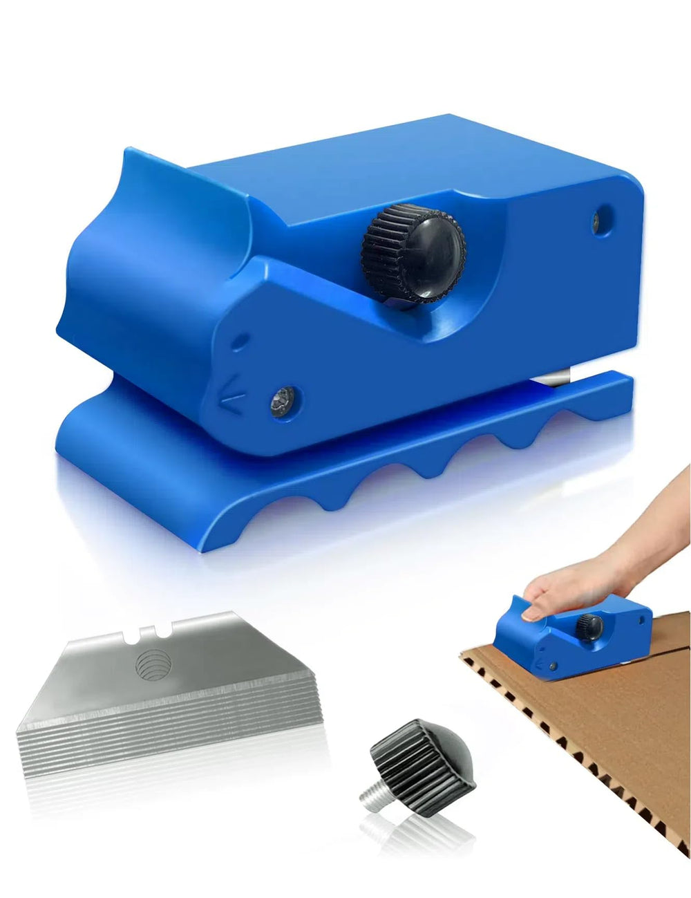 TWWidgon cardboard cutter blue front view showing compact ergonomic design for easy cardboard strips.