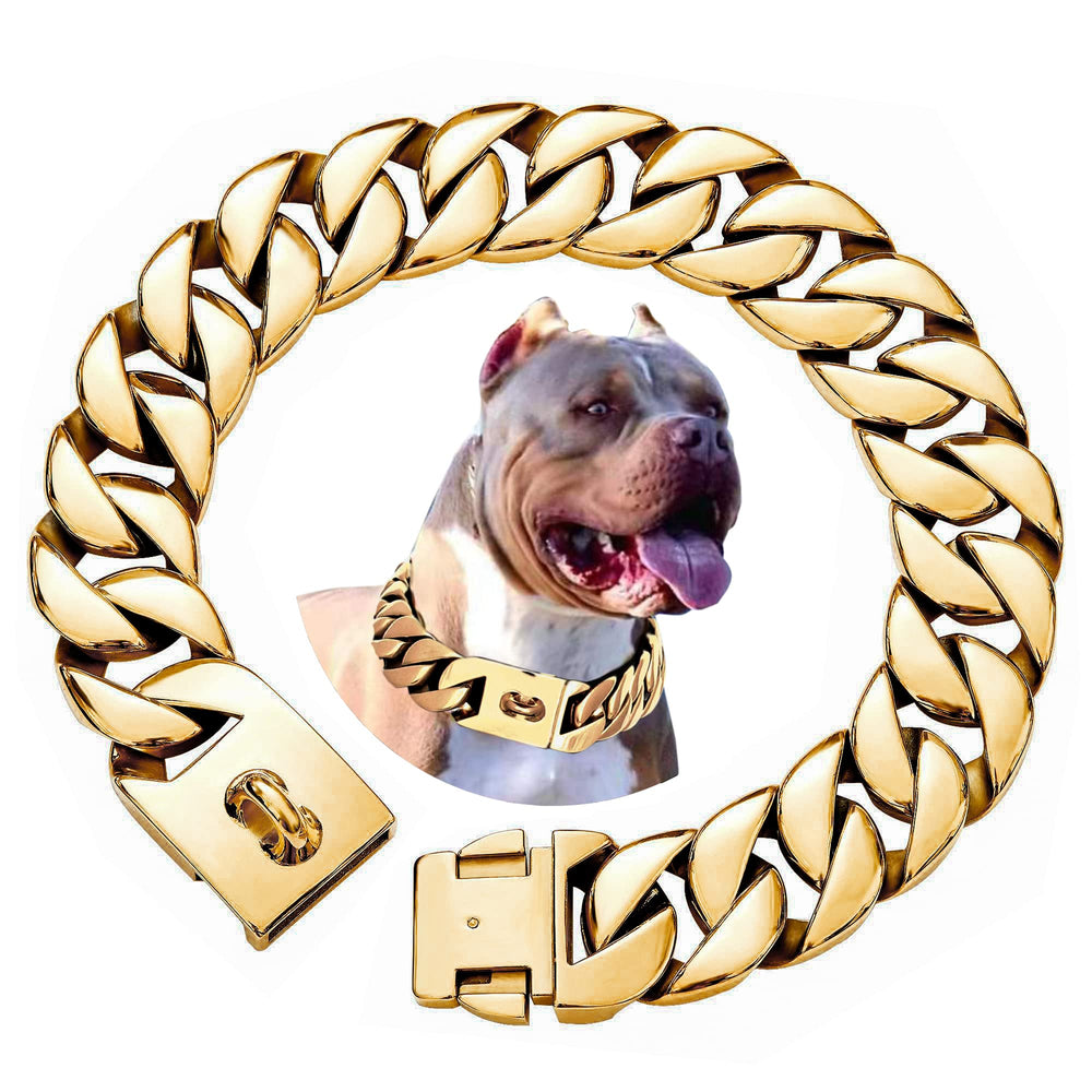 txprodogchains 32mm Cuban Link Collar wide shot highlights durable gold finish for large dogs