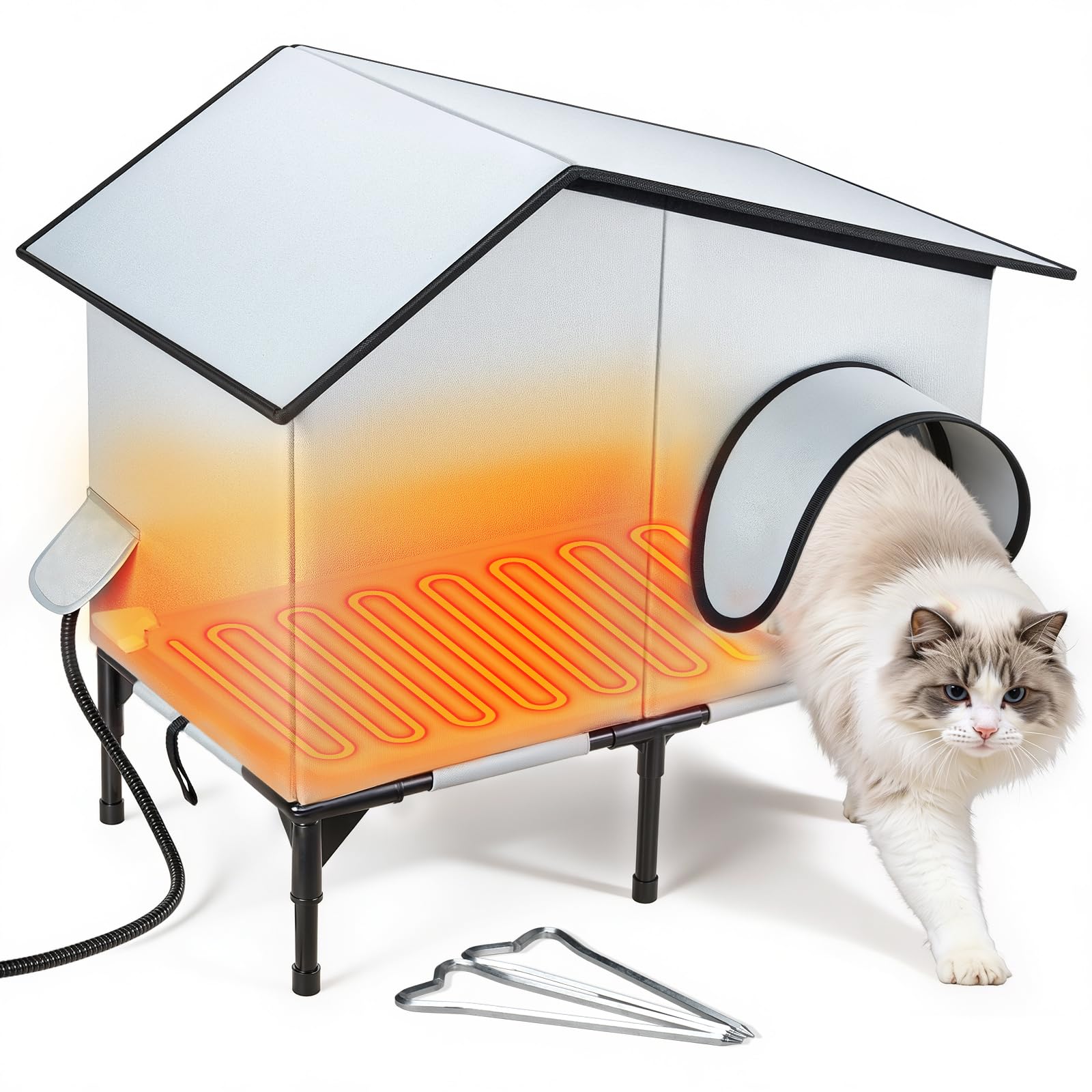 Txunocy heated cat house front view showing a warm shelter for outdoor cats in winter.