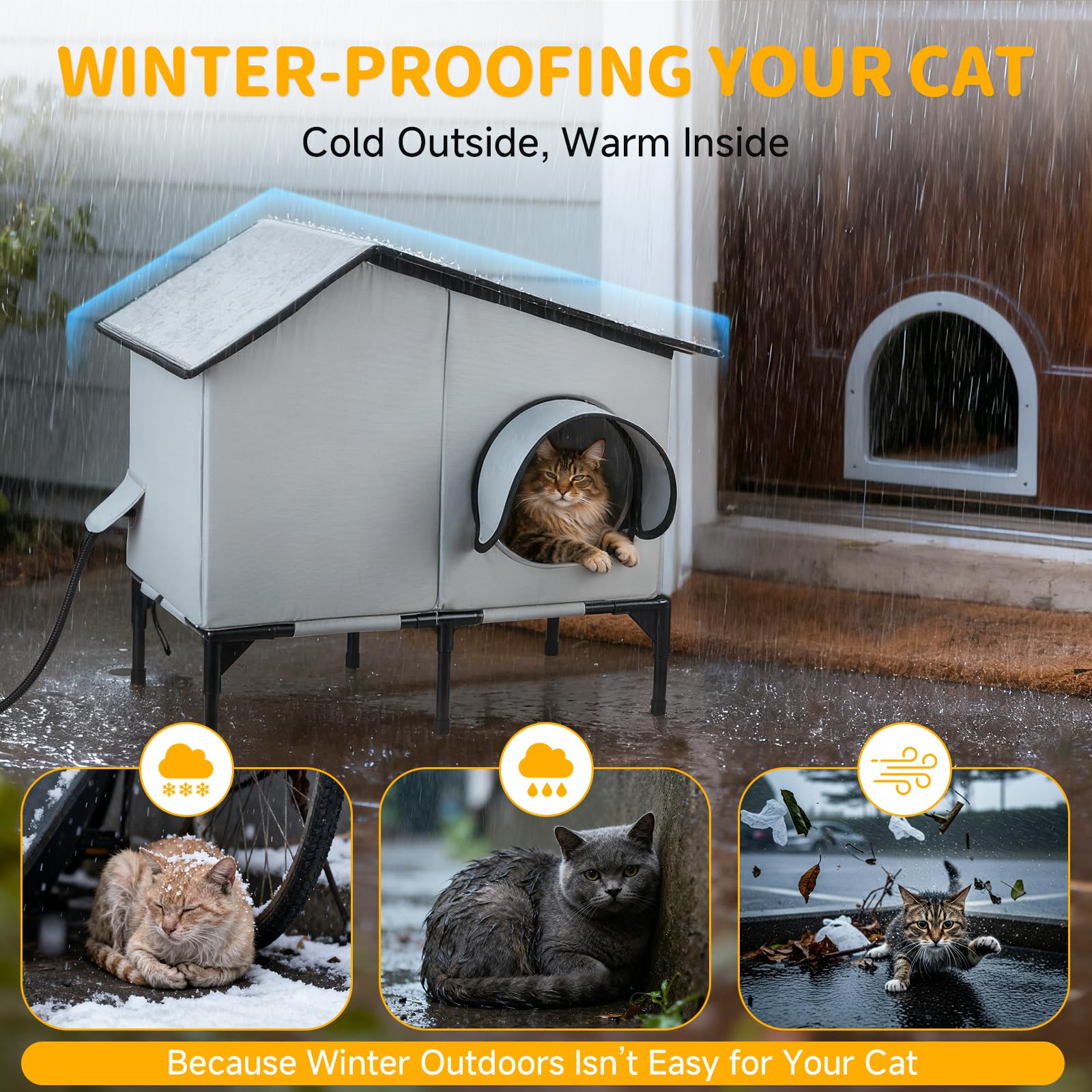 Txunocy heated cat house insulation detail highlights five-layer warmth for cold days.