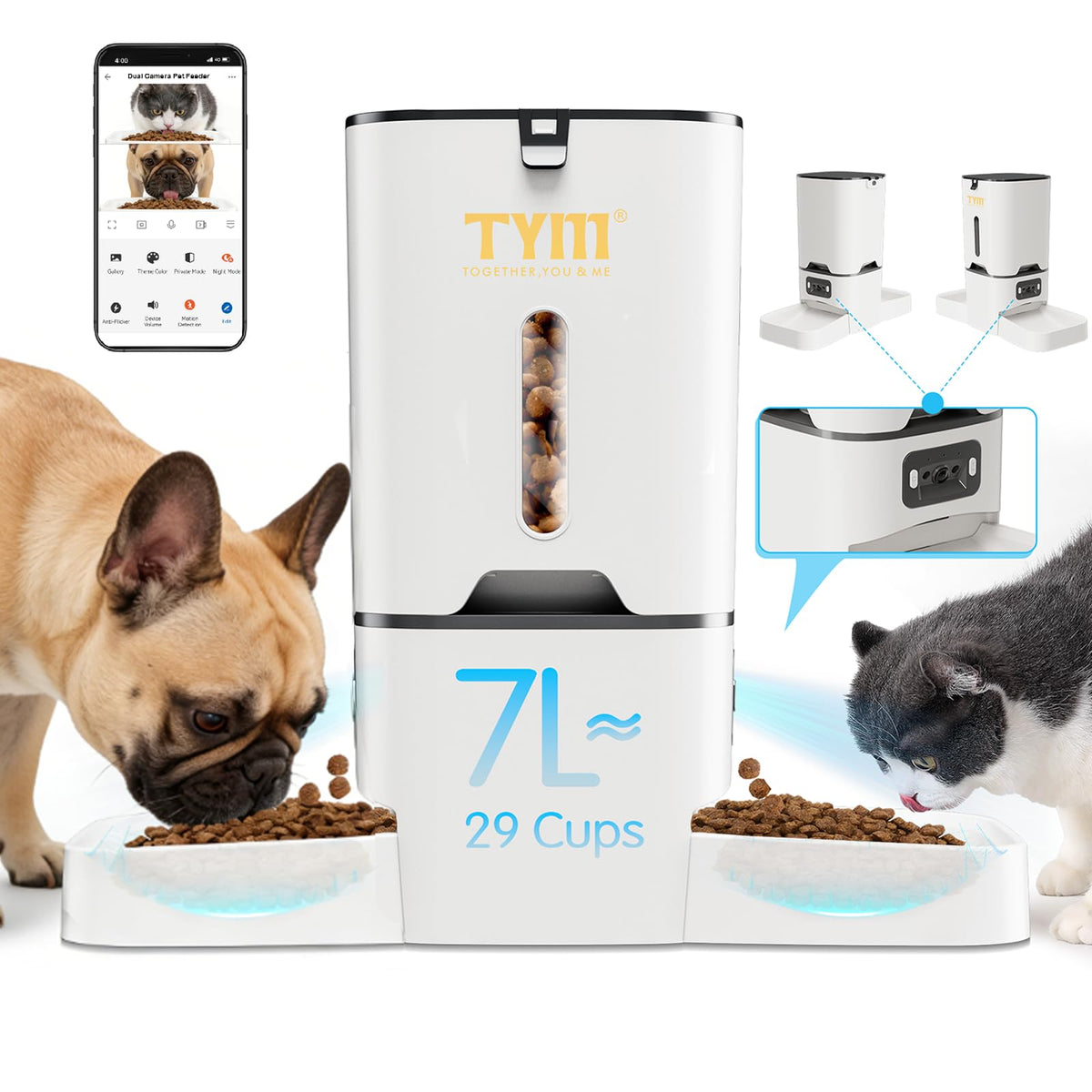 TYM automatic cat feeder dual camera front view for remote pet monitoring