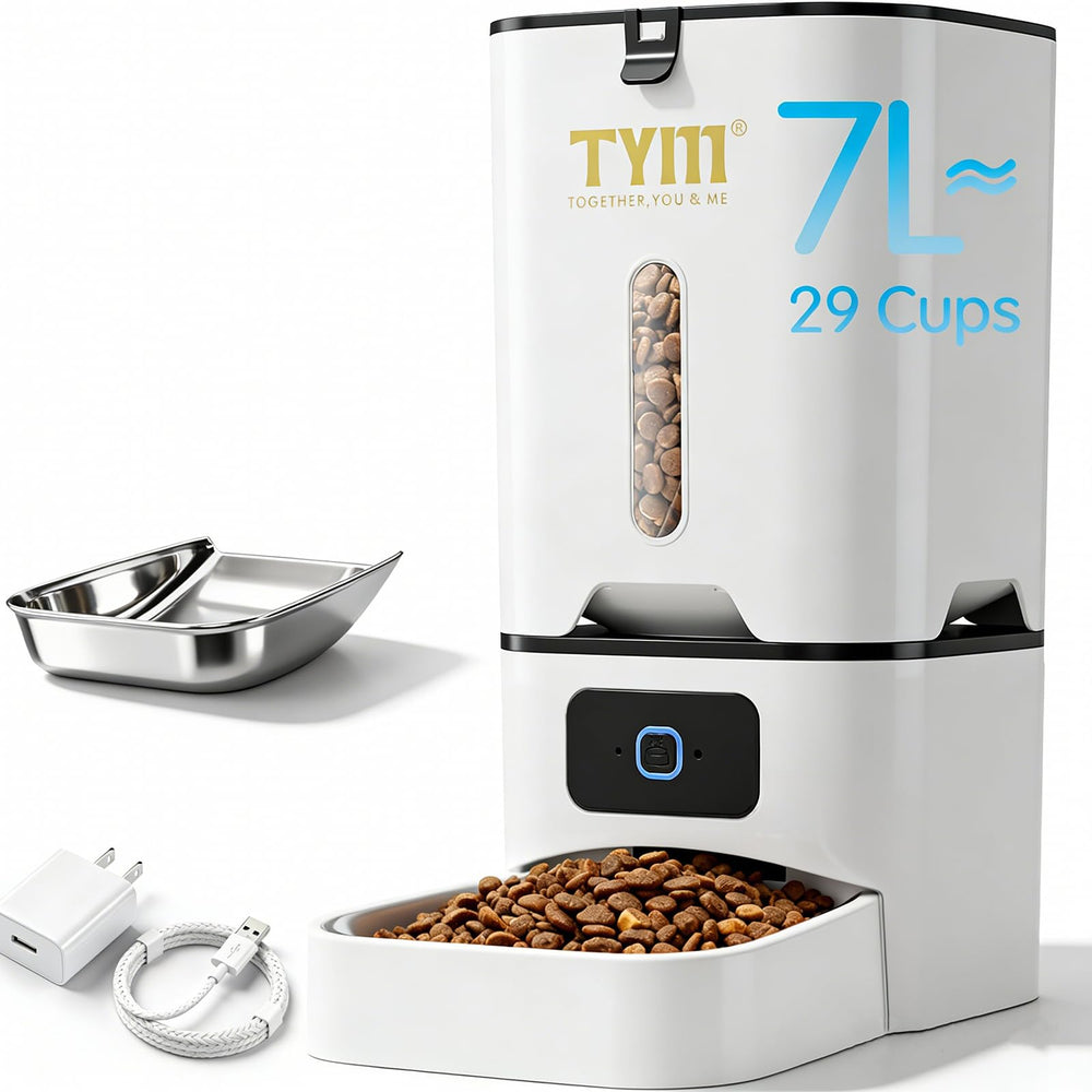 TYM automatic cat feeder front view with large 7L capacity for extended feeding.