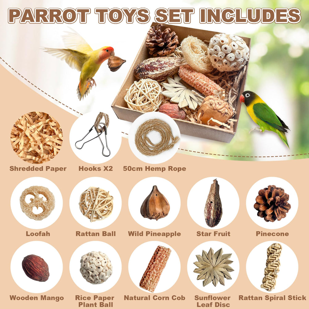 Tyotrbs wooden pegs and pine cones provide natural chew and shred opportunities for beaks.