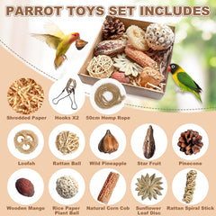 Tyotrbs wooden pegs and pine cones provide natural chew and shred opportunities for beaks.