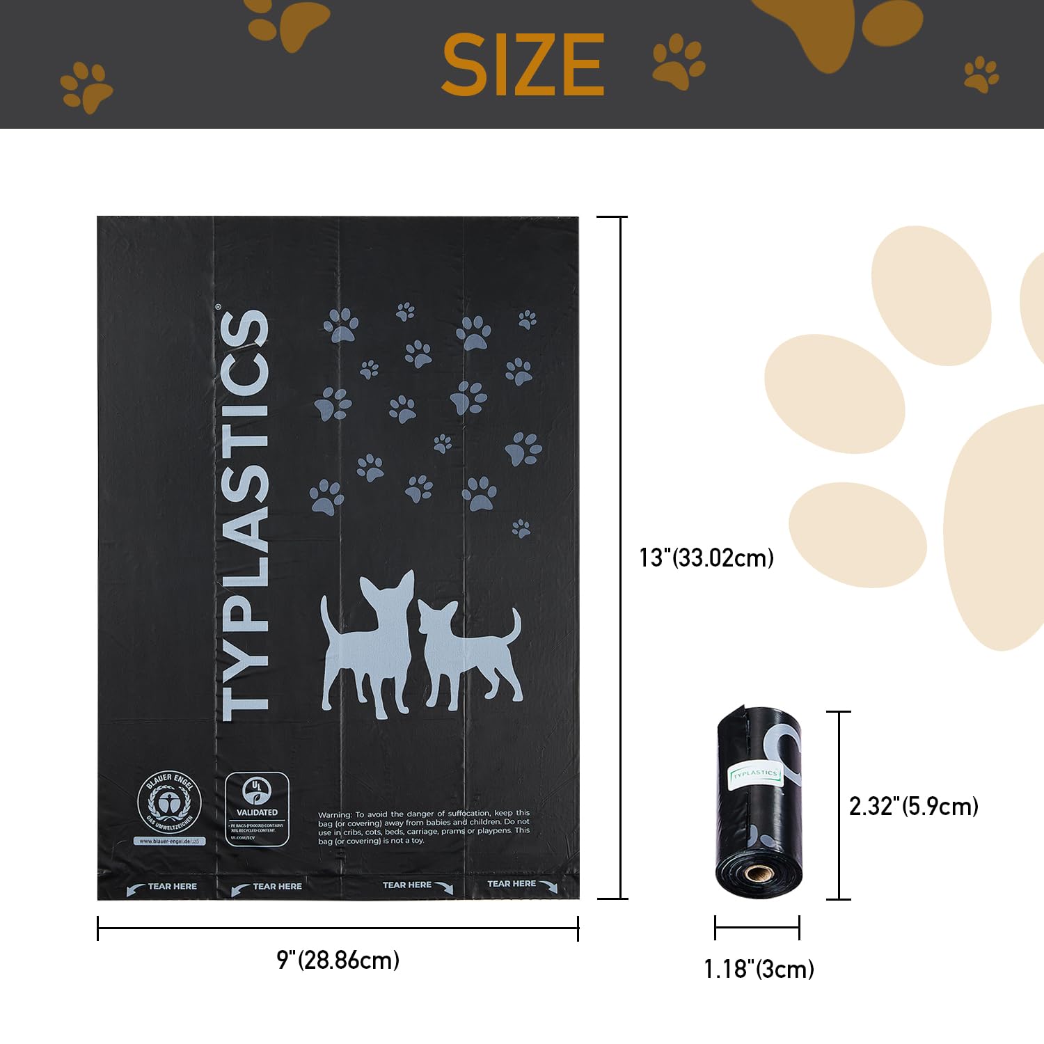 TYPLASTICS unscented poop bags 13x9 inches provide odor-free, leakproof pickup.