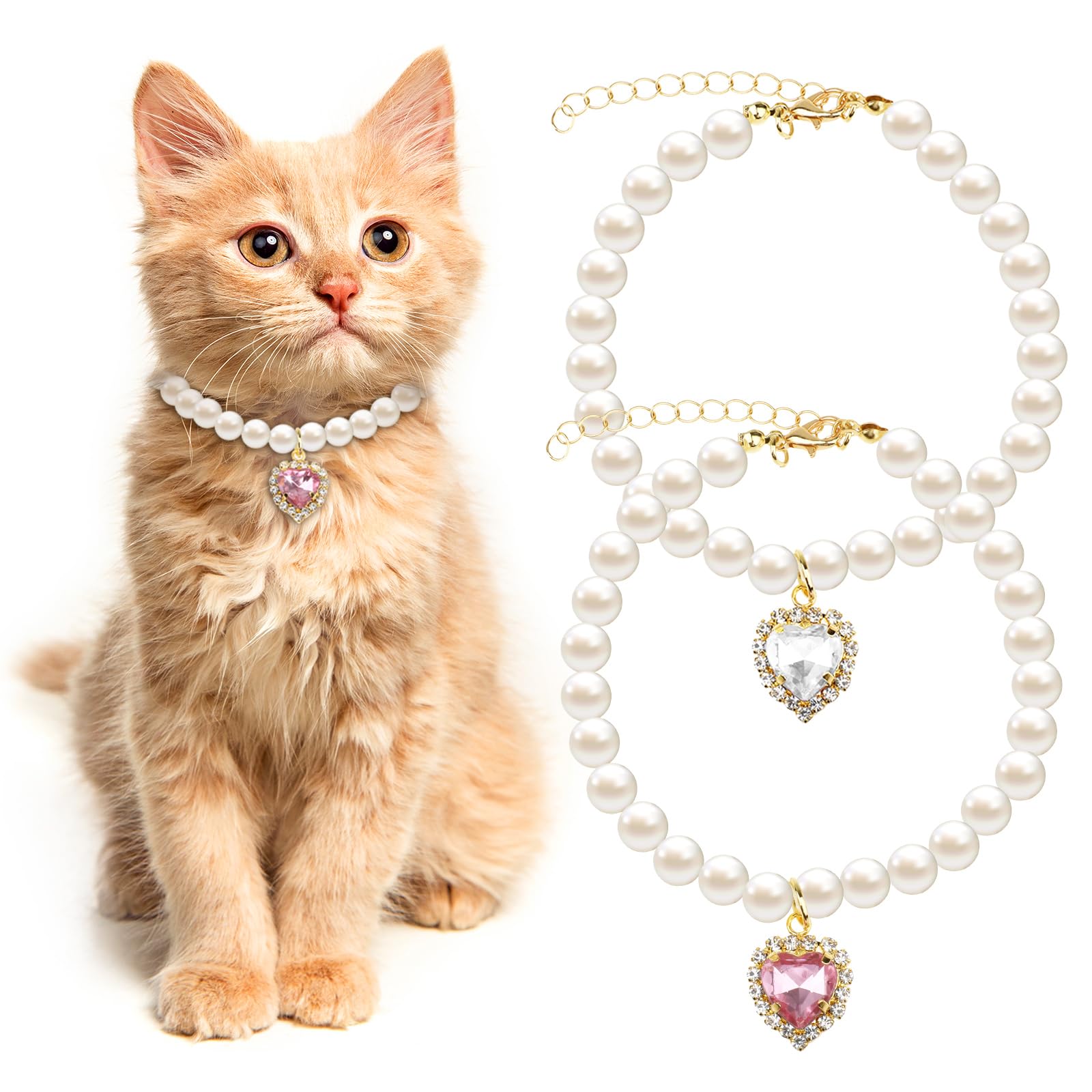 Tyqour pink heart collar detail highlighting delicate rhinestones for festive pets.