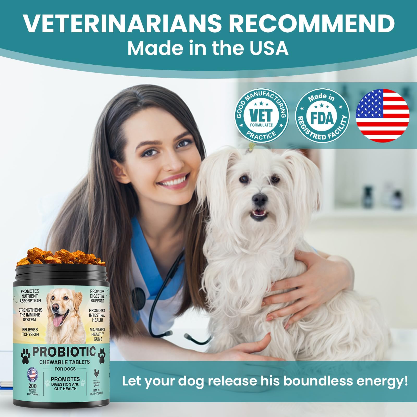 TzzyiC dog probiotics breath improvement visual hints at oral health benefits.
