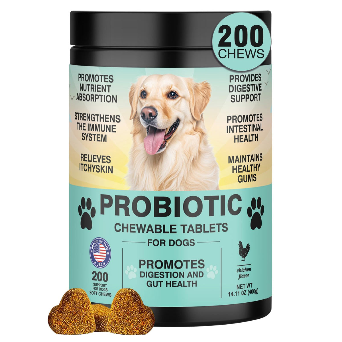 TzzyiC dog probiotics chicken-flavor tablets in bottle provide convenient gut support.