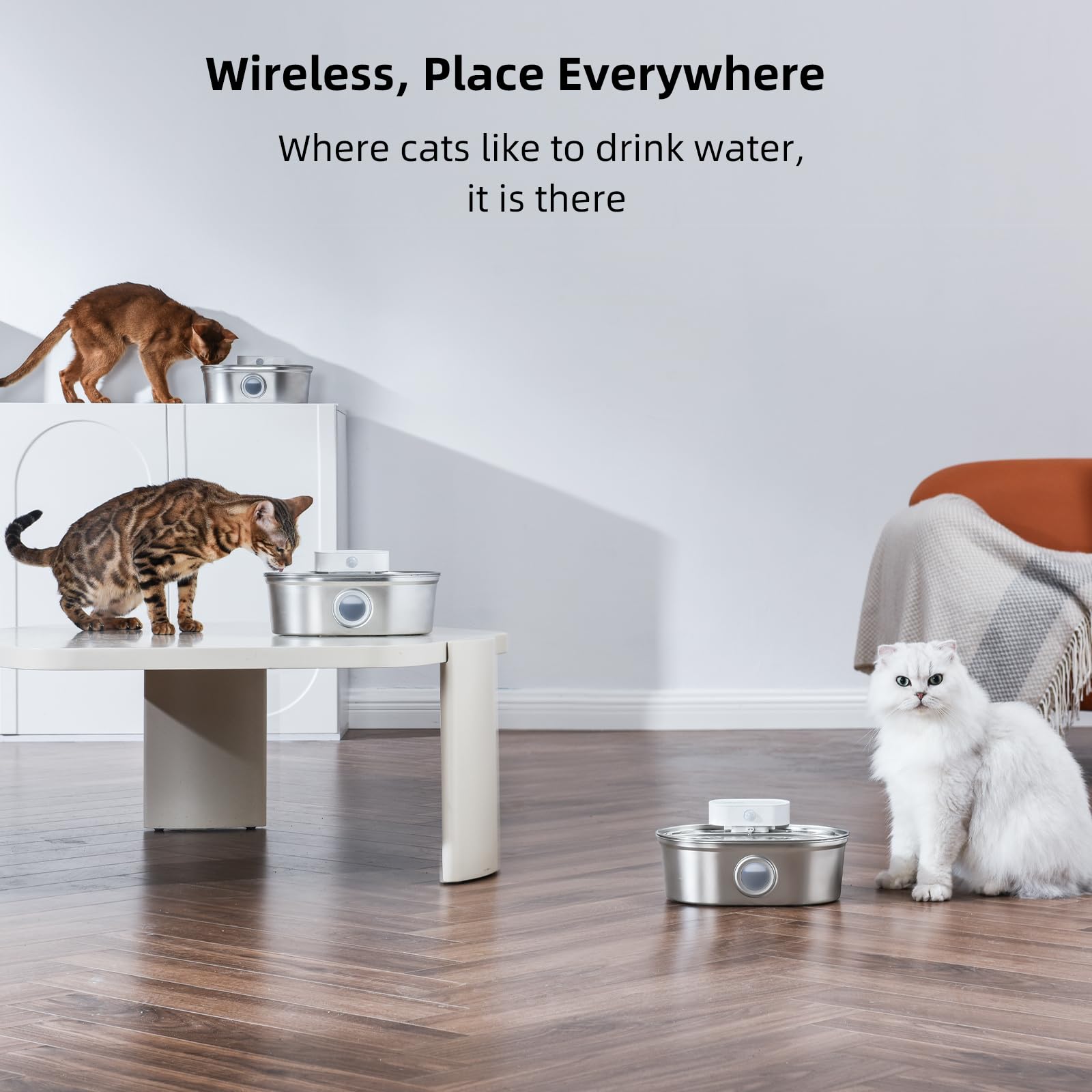 uahpet wireless cat water fountain stainless steel pro side view demonstrates cordless placement
