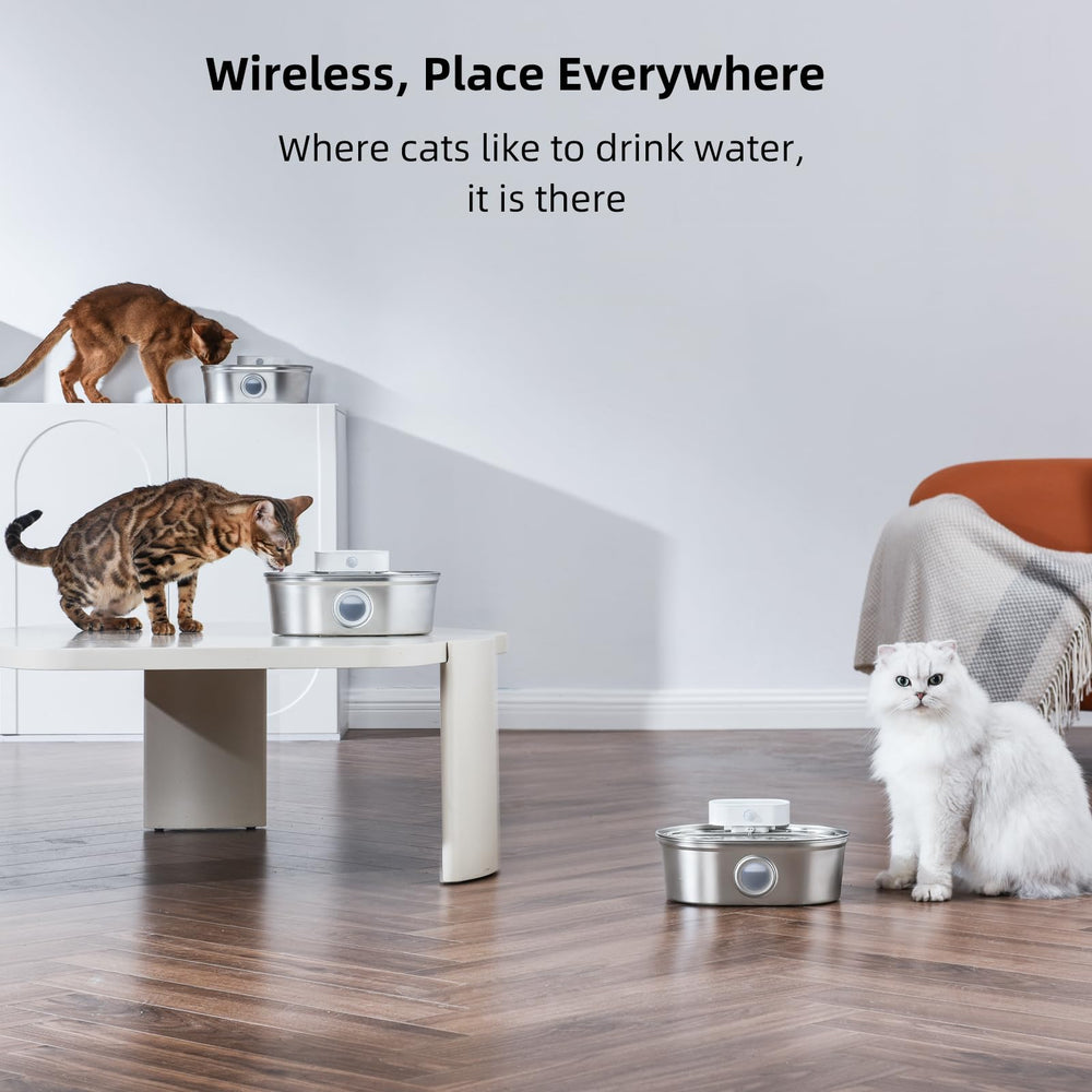 uahpet wireless cat water fountain stainless steel pro side view demonstrates cordless placement