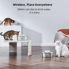 uahpet wireless cat water fountain stainless steel pro side view demonstrates cordless placement