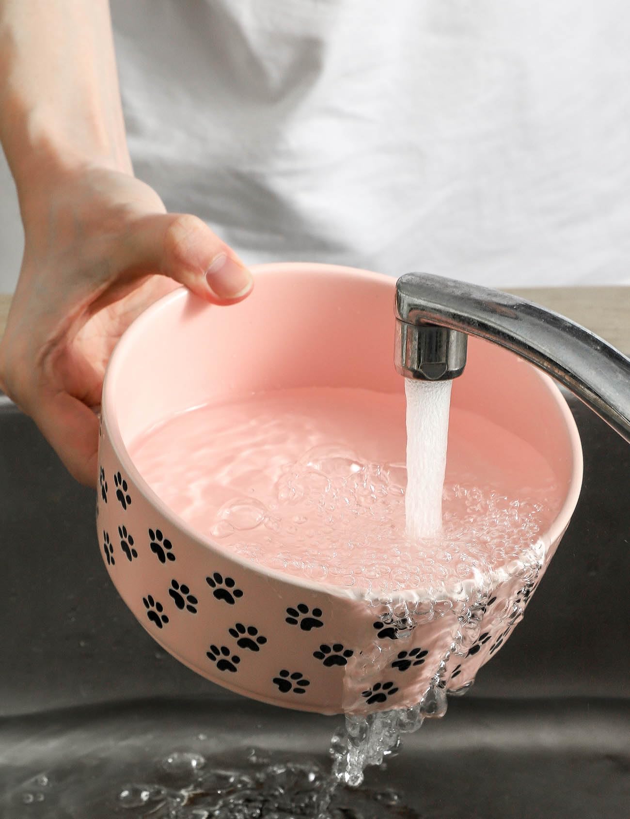 UBEE pink bowls in kitchen corner illustrating versatile use for dry food and water